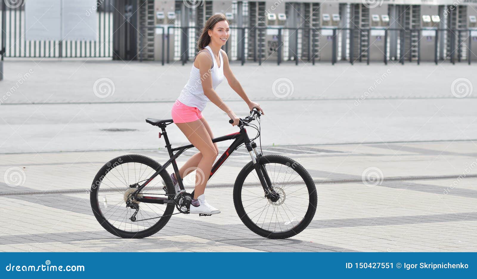 Girl With Bicycle Young Slim Sporty Woman In Pink Shorts And White Snickers Long Haired Stock Image Image Of Girls City