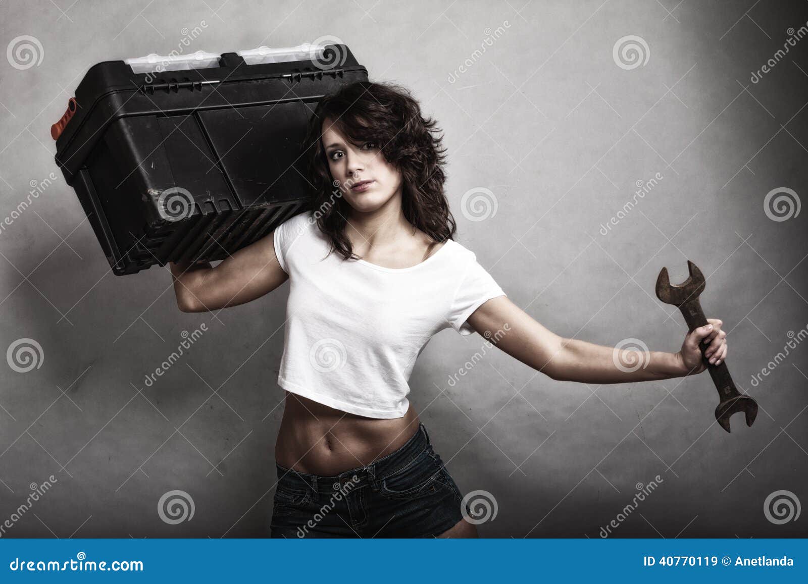 Girl Holding Toolbox And Wrench Spanner Stock Image Image Of Tool