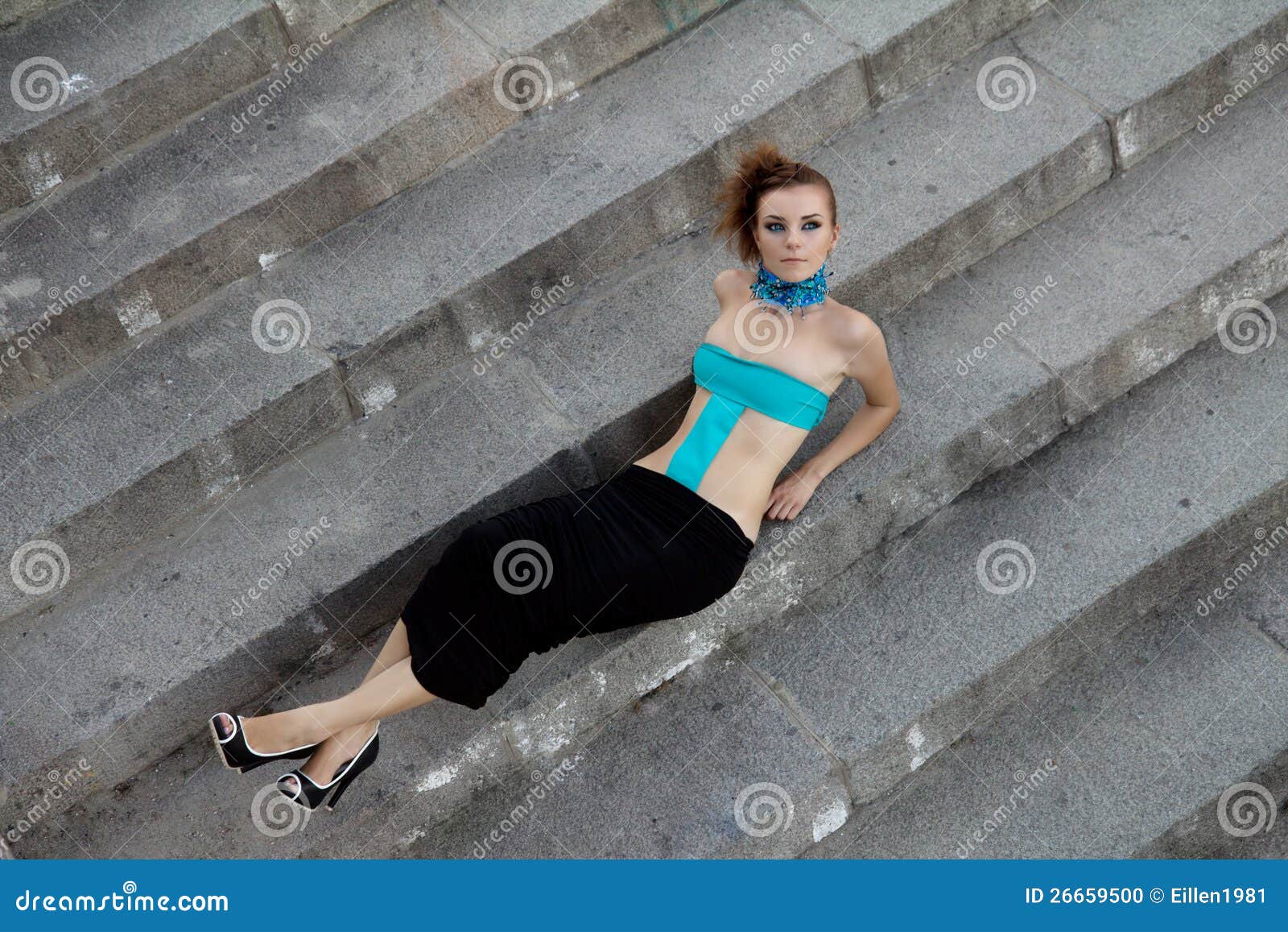 Girl Lying On Stairs Stock Photo Image Of Blue Clothing