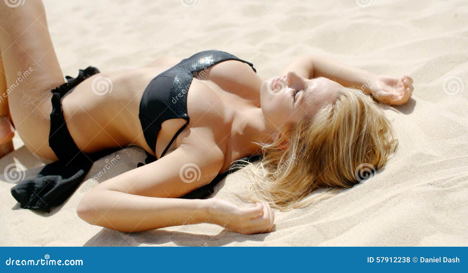 Girl Lying on Sunny Sandy Beach Stock Footage - Video of relax, bikini:  57912238
