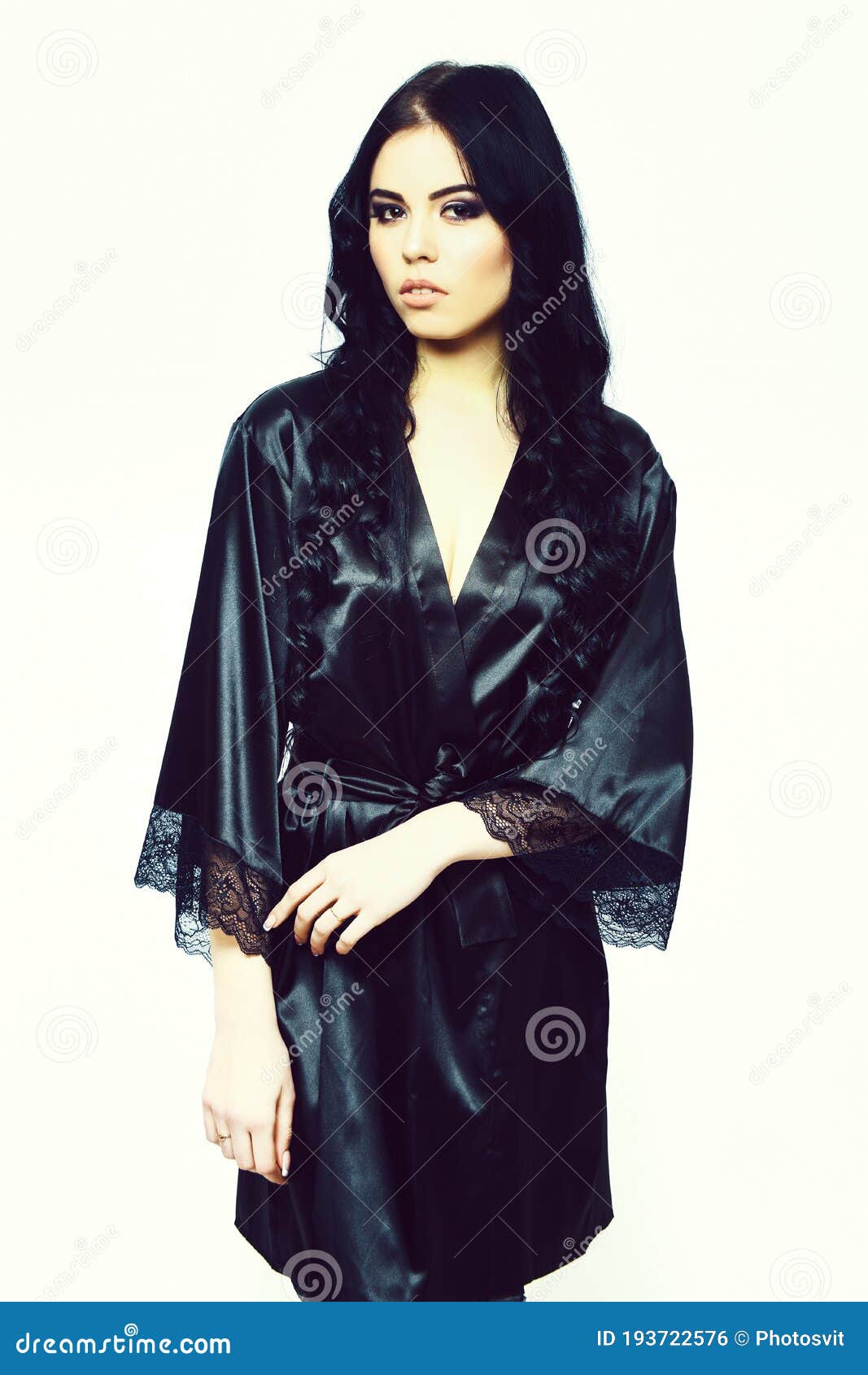Girl Posing In Black Silk Robe Isolated On White Stock Photo Image Of