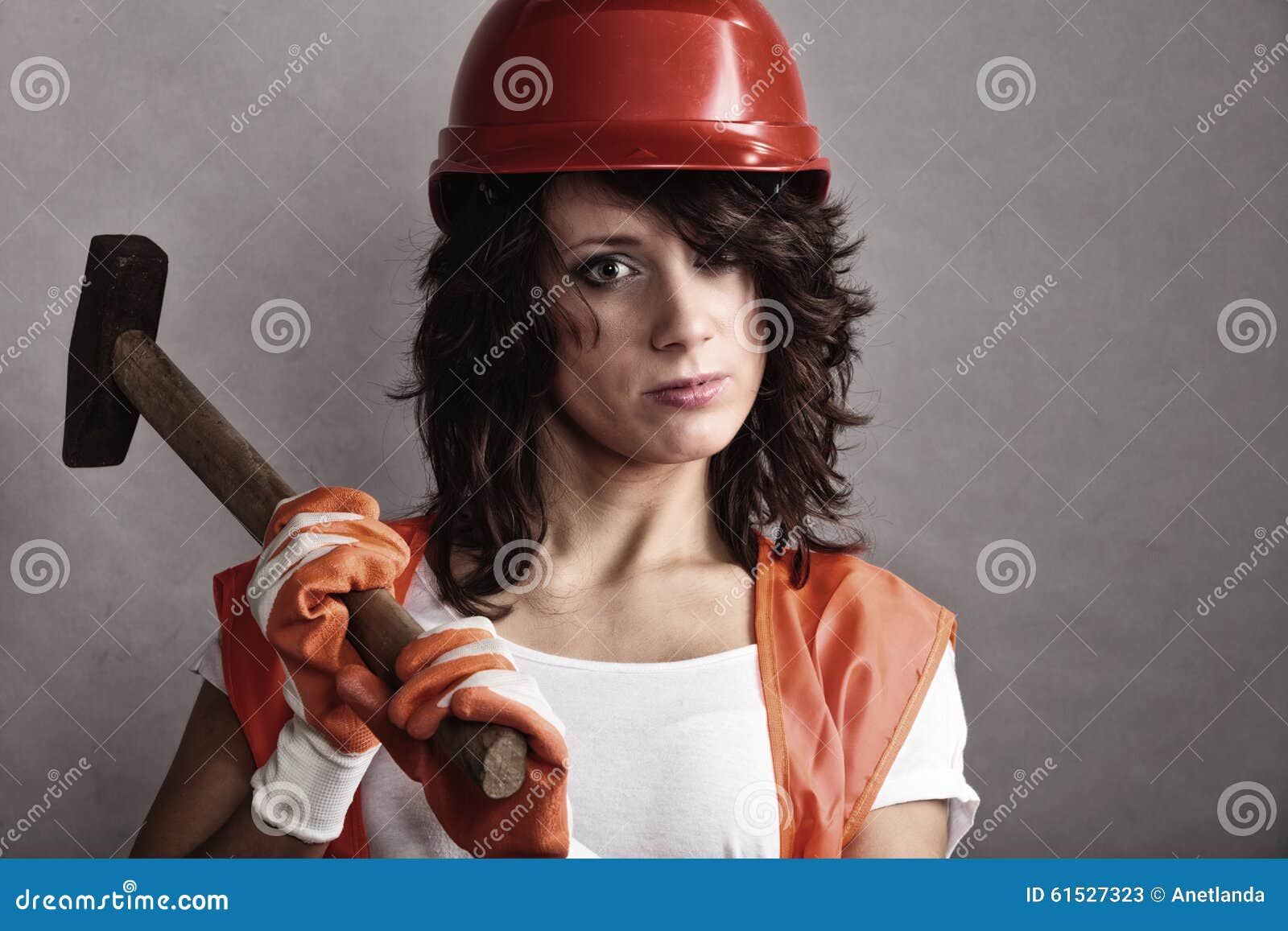 Girl In Safety Helmet Holding Hammer Tool Stock Image Image Of