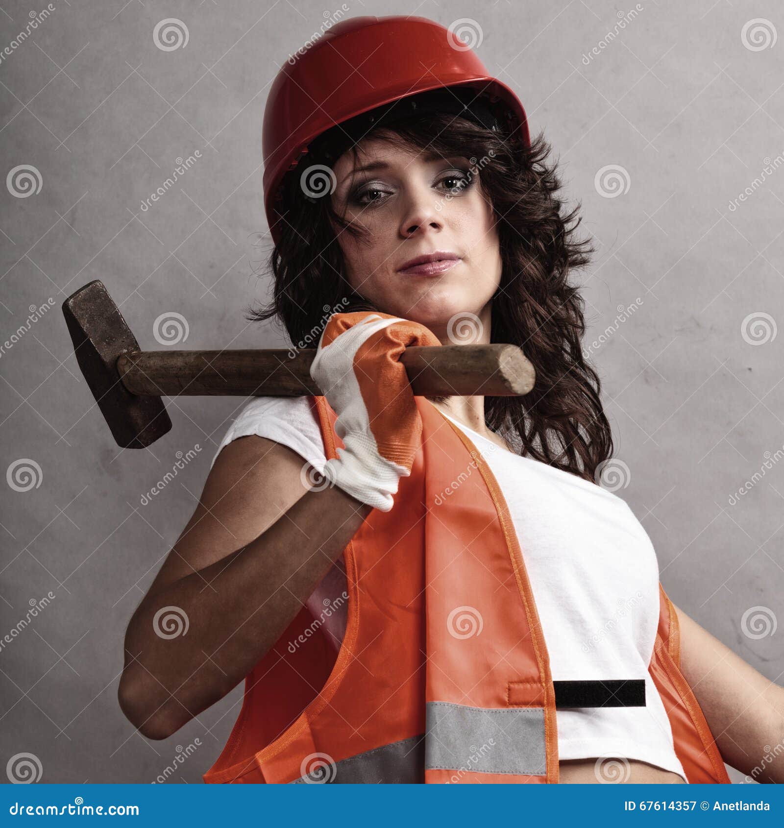 Girl In Safety Helmet Holding Hammer Tool Stock Image Image Of