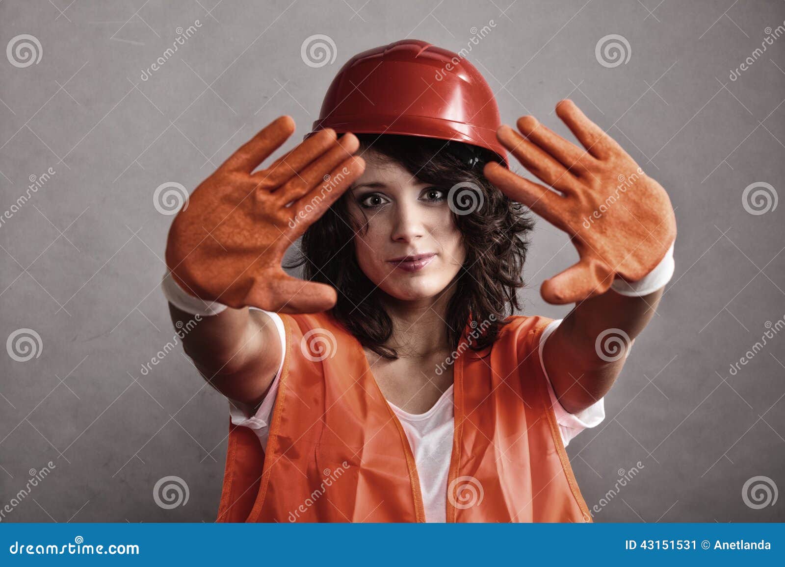 Girl In Safety Helmet Showing Stop Sign Stock Image Image Of