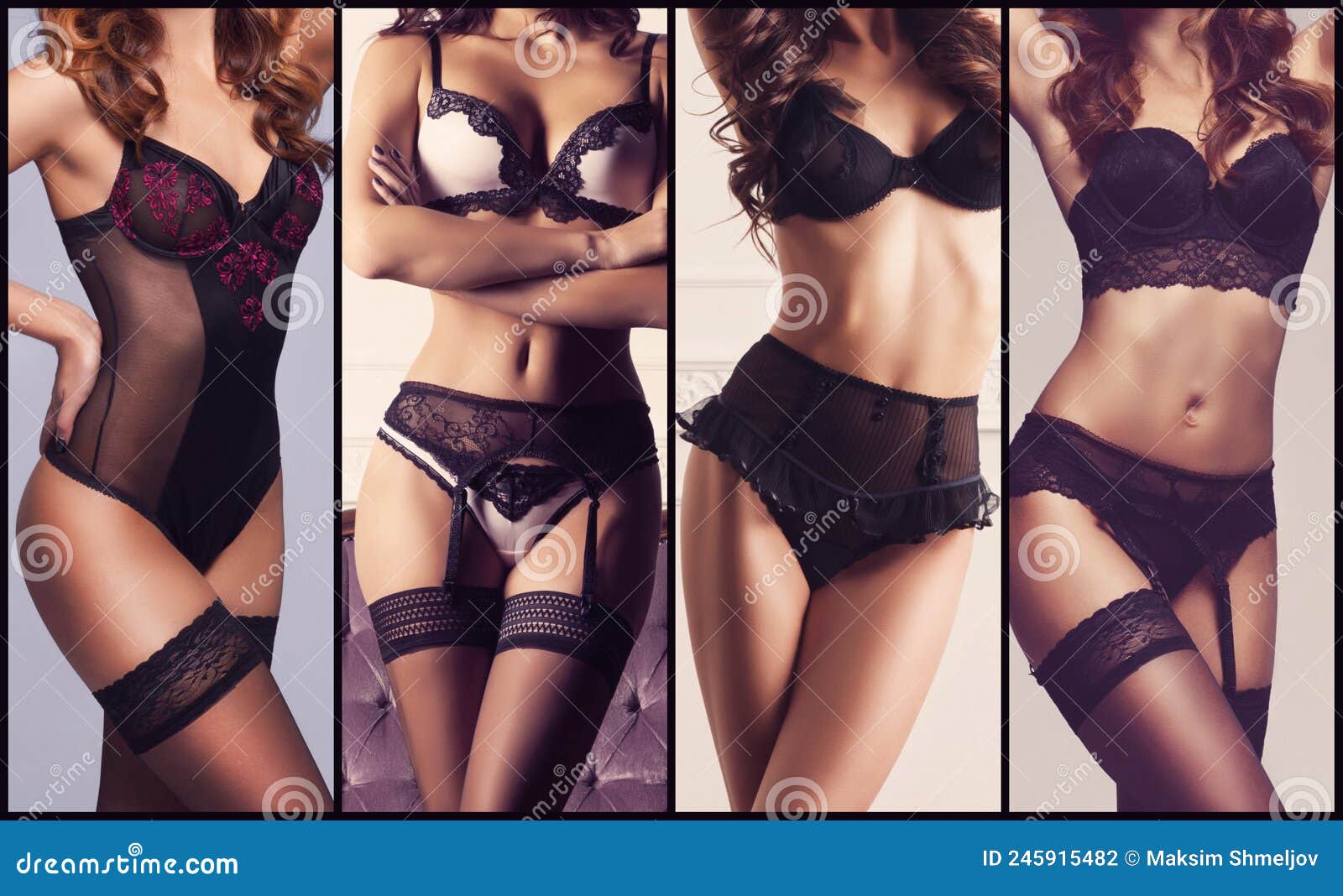 Girls in Erotic Lingerie. Underwear Collection Collage. Stock