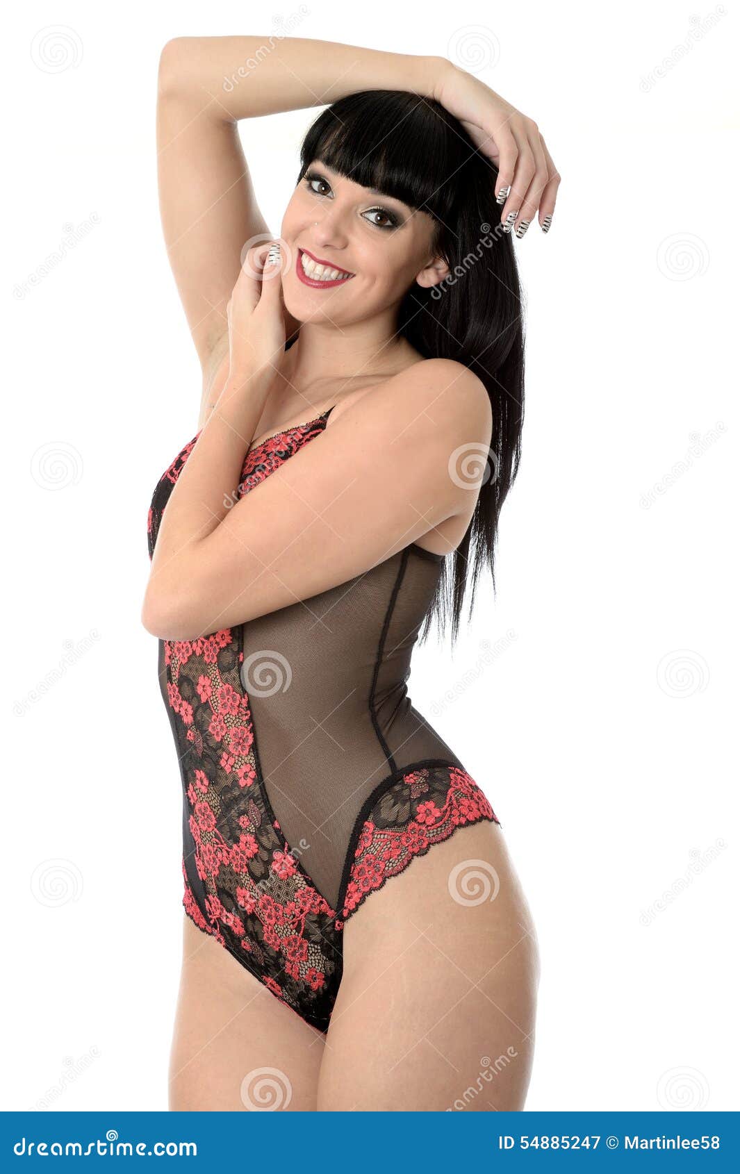 Glamorous Seductive Young Classic Pin Up Model In Red And Black Lacy