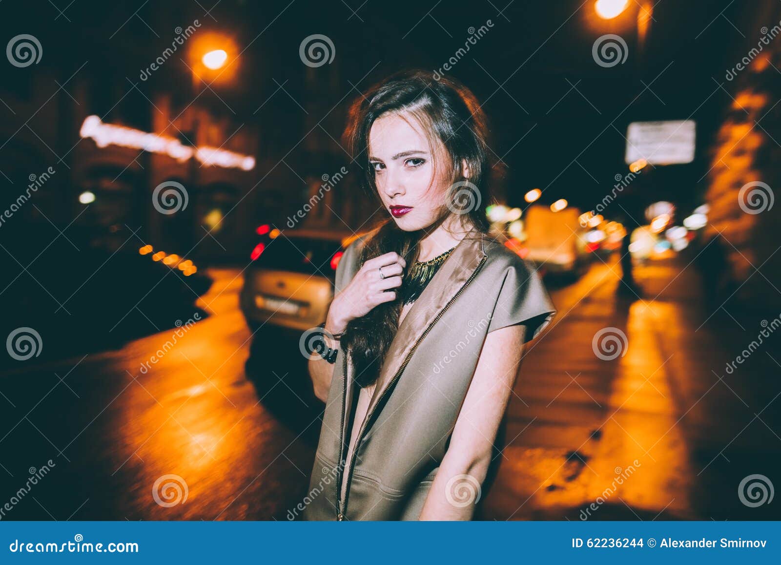 Gorgeous Brunette Girl Portrait in Night City Lights Stock Photo ...