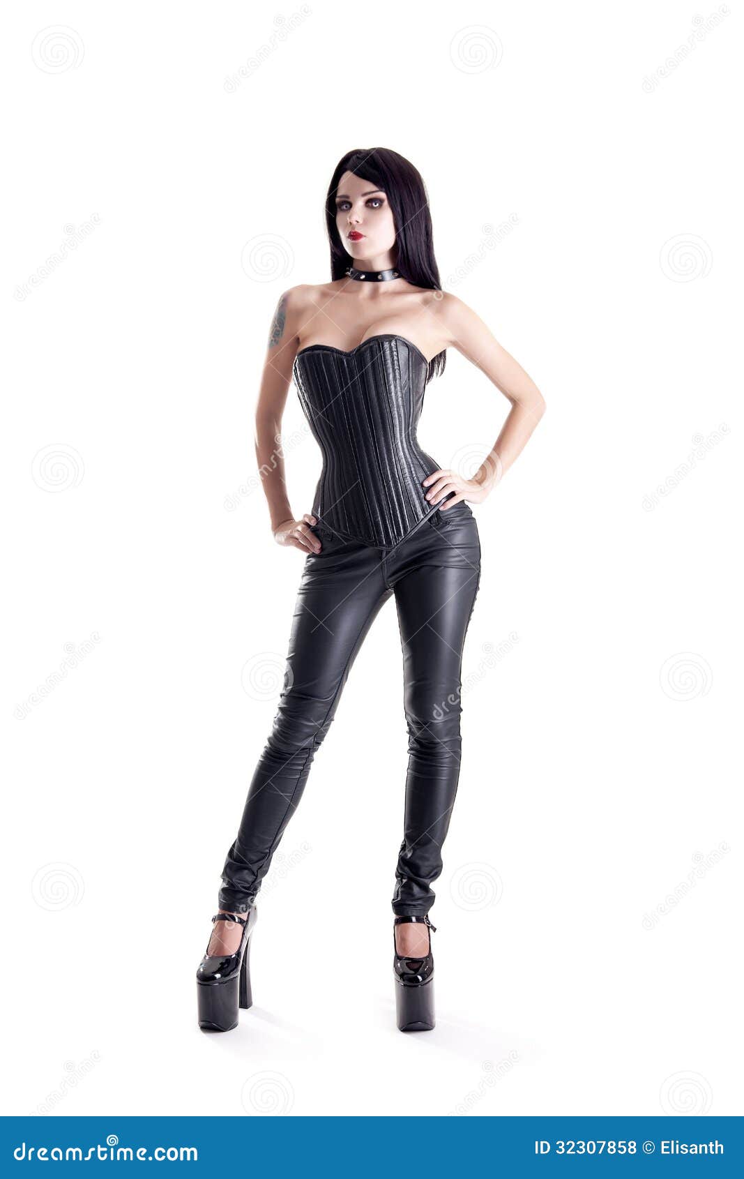 Sexy Goth Girl In Leather Corset And Pants Royalty Free