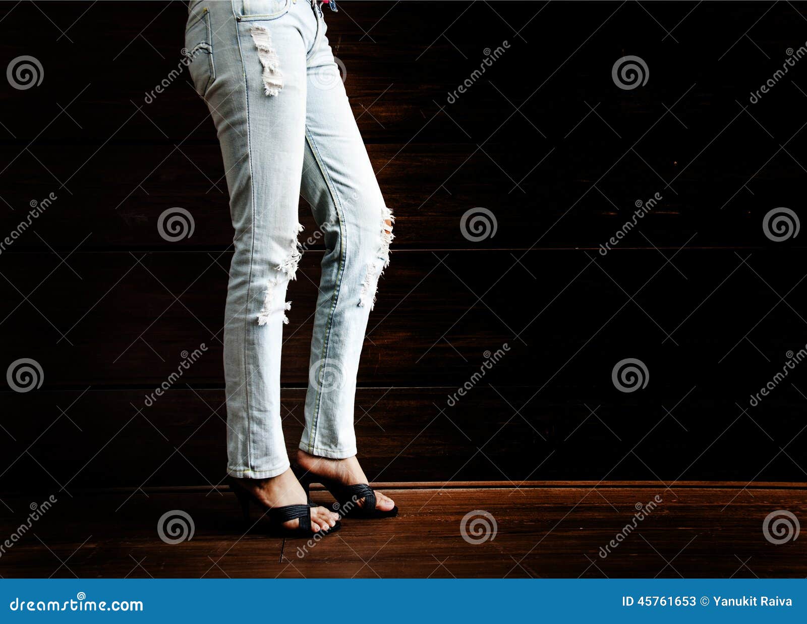 Lady Leg With Jeans At Wood Bar At Night Club Stock Image - Image of ...