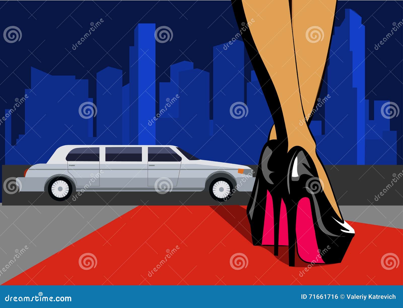 leg with city. female legs in high heels walk on the red carpet.  