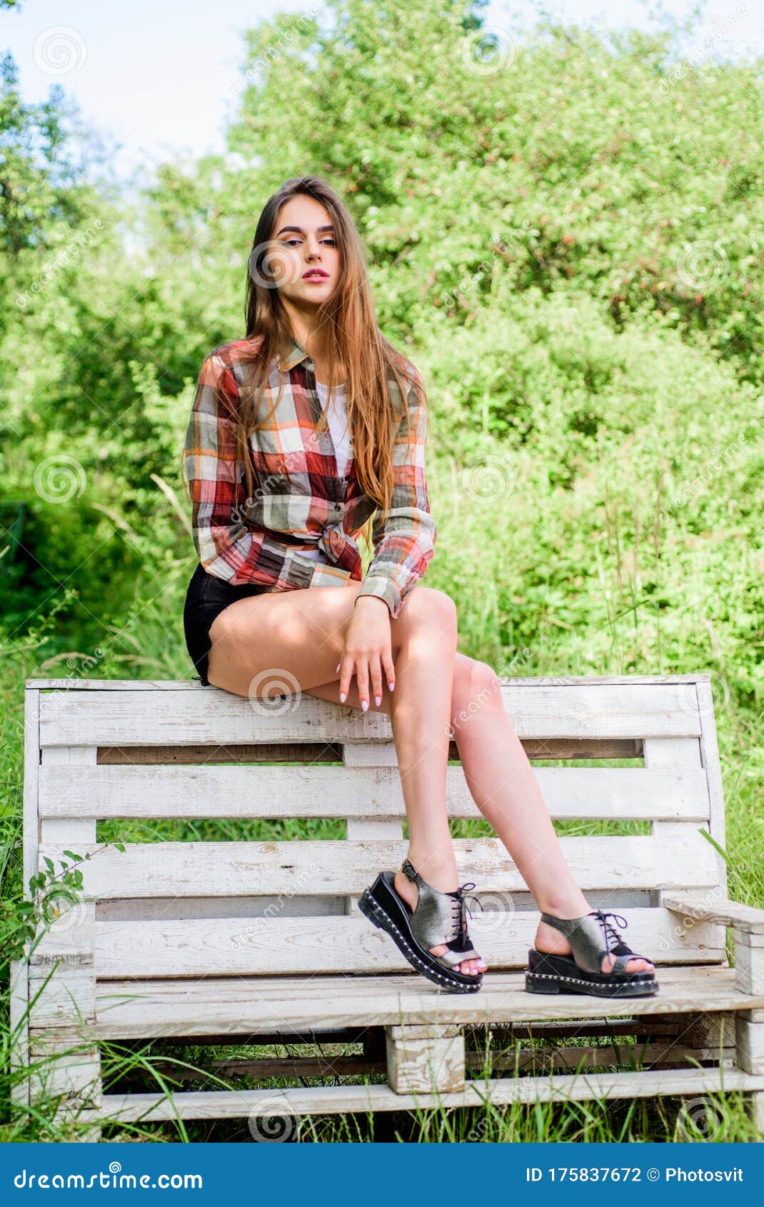 Legs Woman Sit On Bench Trendy Summer Look Girl Relax Outdoor In Park Spring Trends Stock