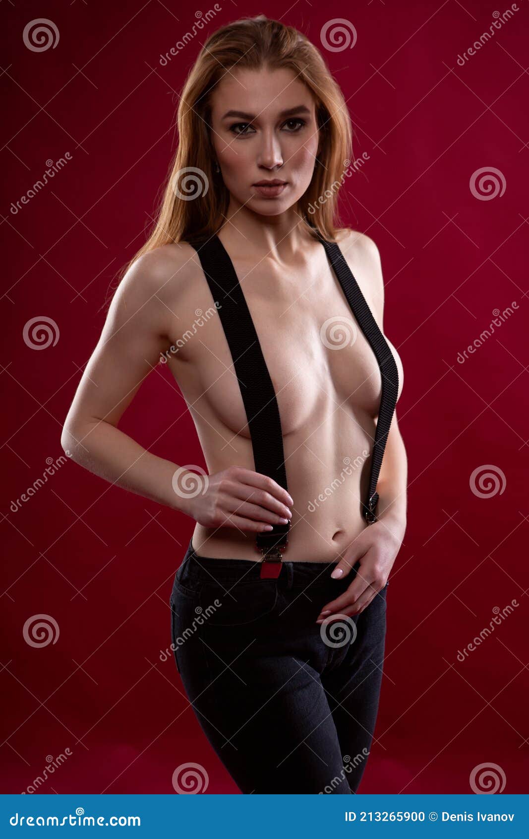 Long-haired Young Woman with Beautiful Breasts Topless Stock Photo