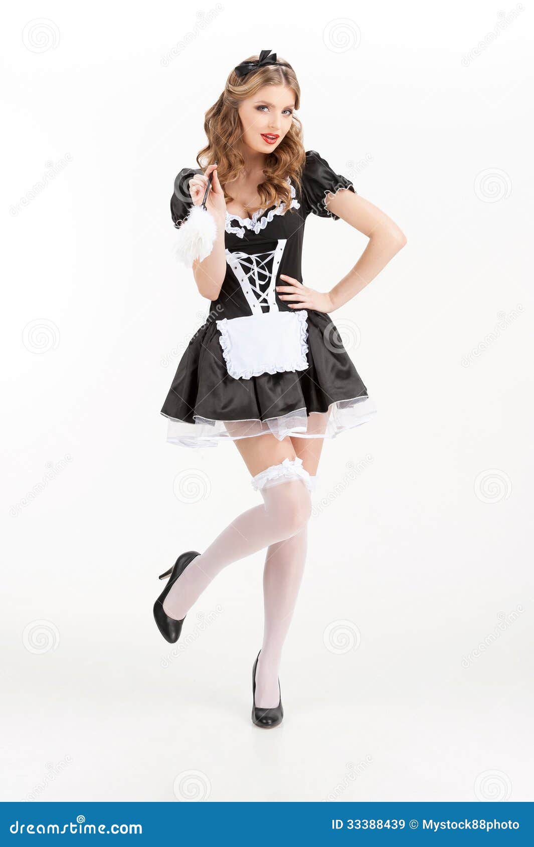 Maid. Beautiful Young Maid in White Pantyhose Holding Brush Stock Image ...