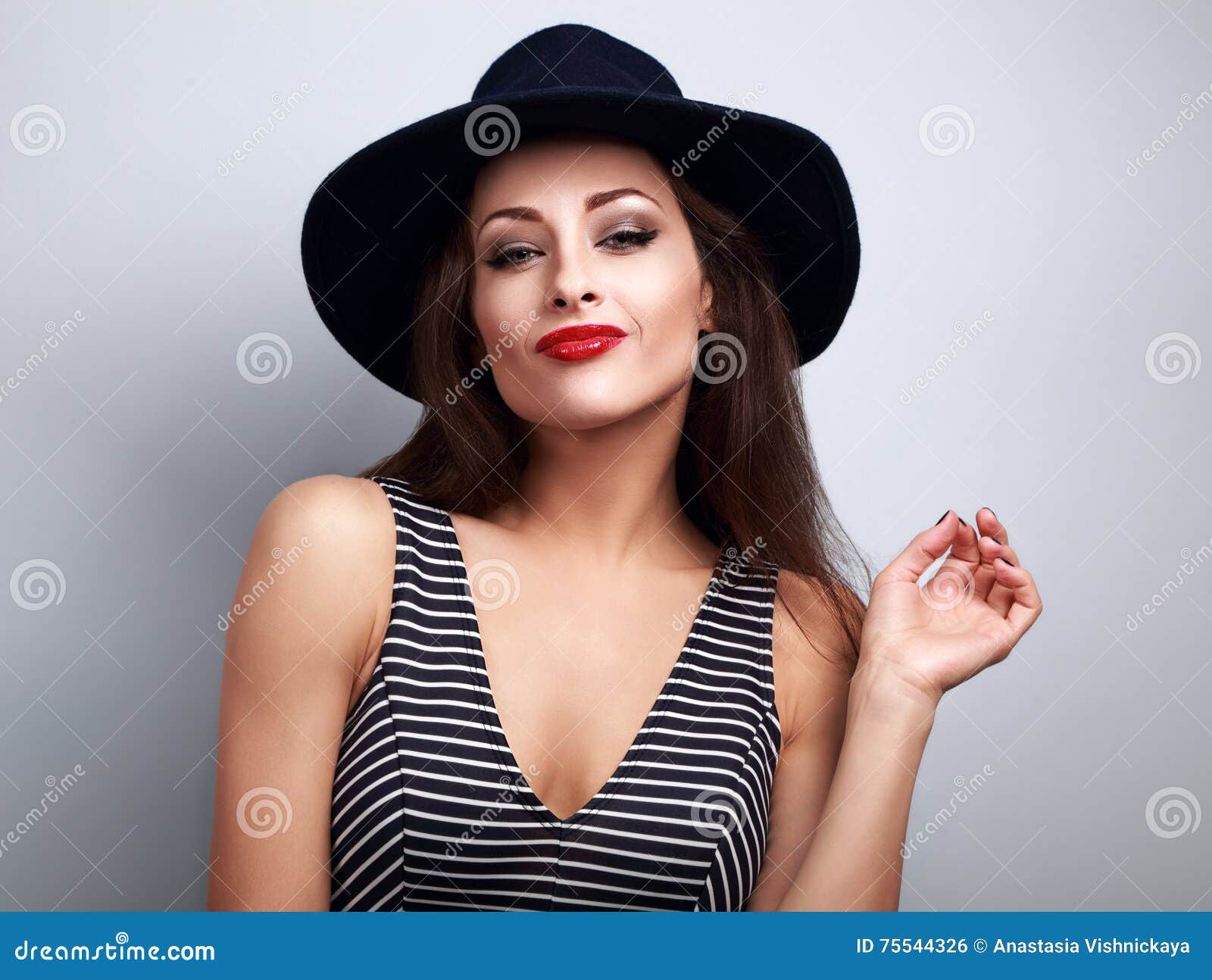 Makeup Woman in Black Fashion Hat and Bright Red Lipstick P Stock Photo ...