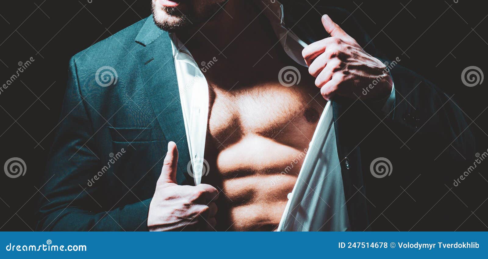 sexy male body torso in suit. business man undress suit on black background.