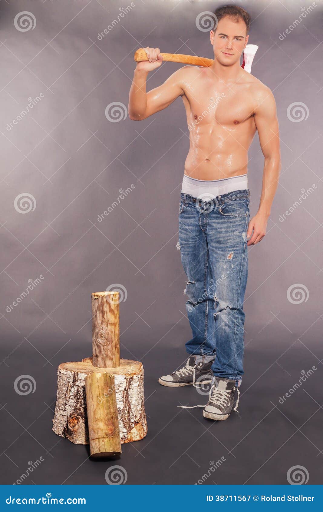 Muscular Young Man Chopping Fire Wood Stock Image - Image of rugged