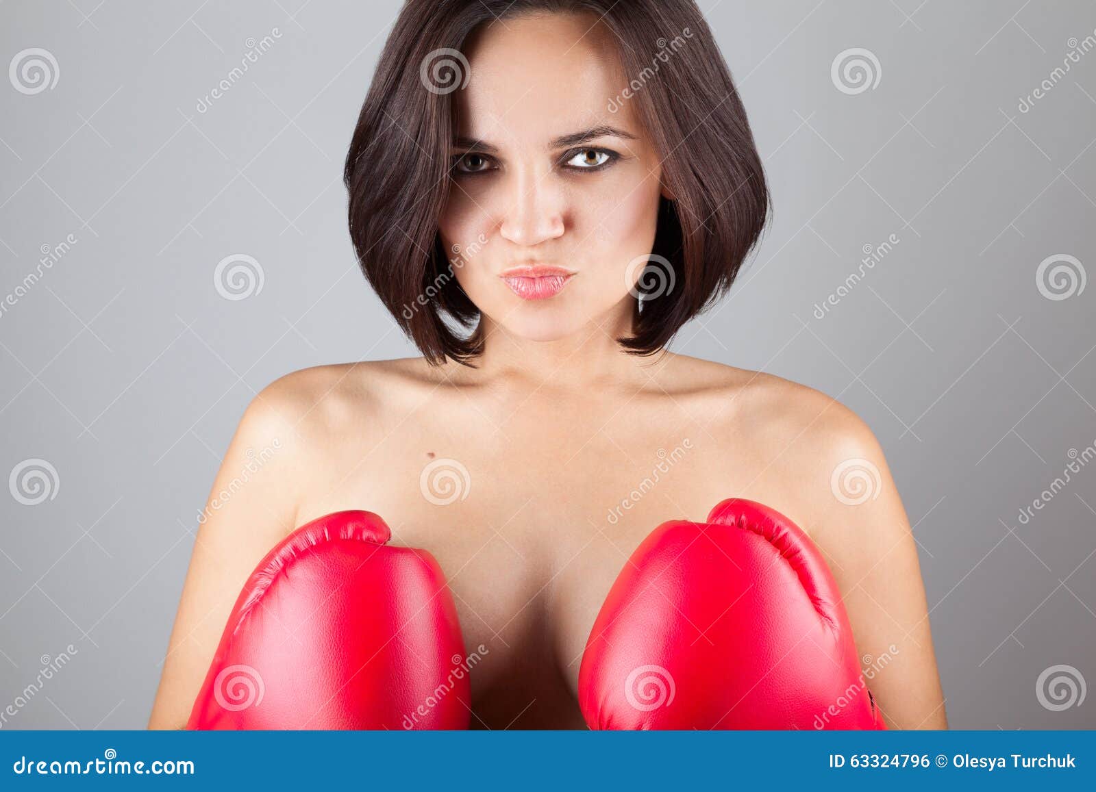 Nude Girl Covering Her Breast With Boxing Gloves Stock Photo ...