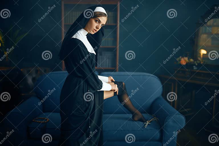 Nun In A Cassock Puts On Stockings With Lace Stock Image Image Of Corrupt Makeup 172002603