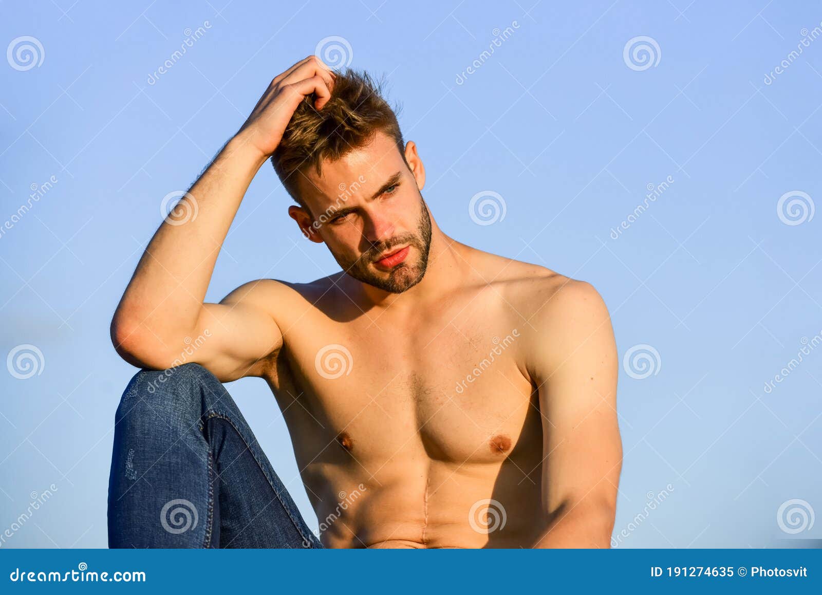 Pensive Man Relaxing Outdoors. Male Beauty. Fashion Guy. Attractive and ...