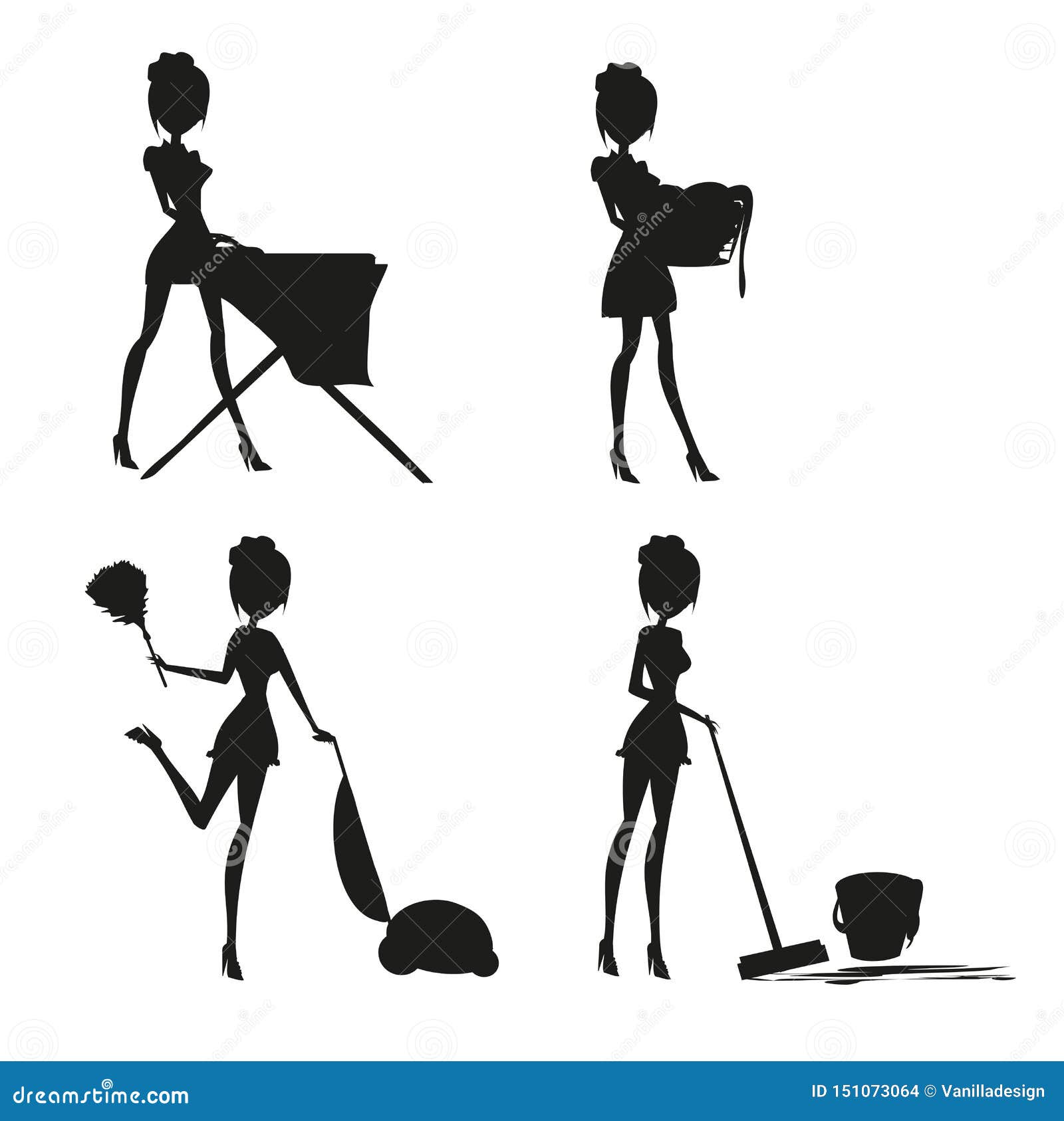 sexy pinup style french maid at work - set silhouette