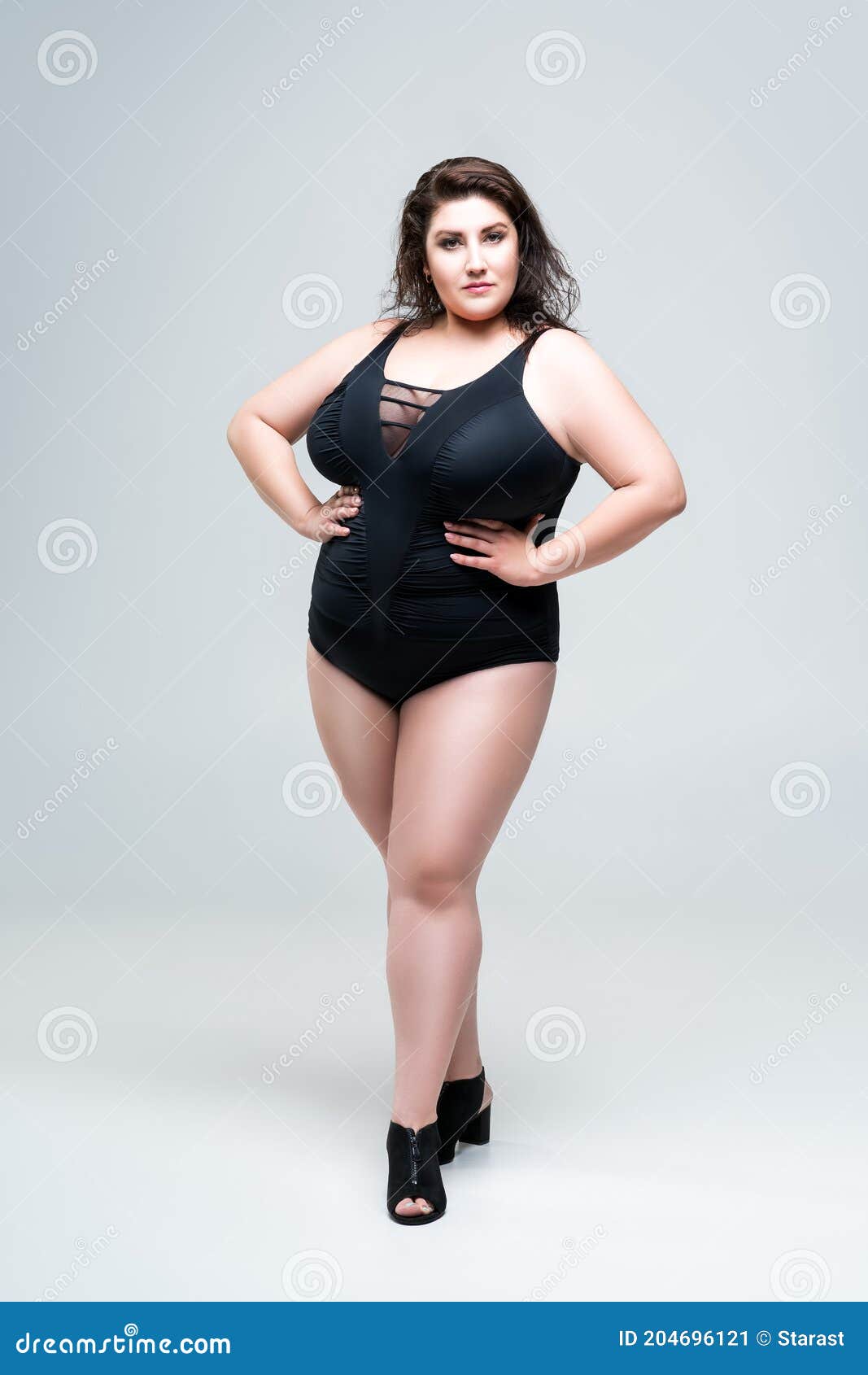 Plus Size Fashion Model in Black One-piece Swimsuit, Fat Woman in