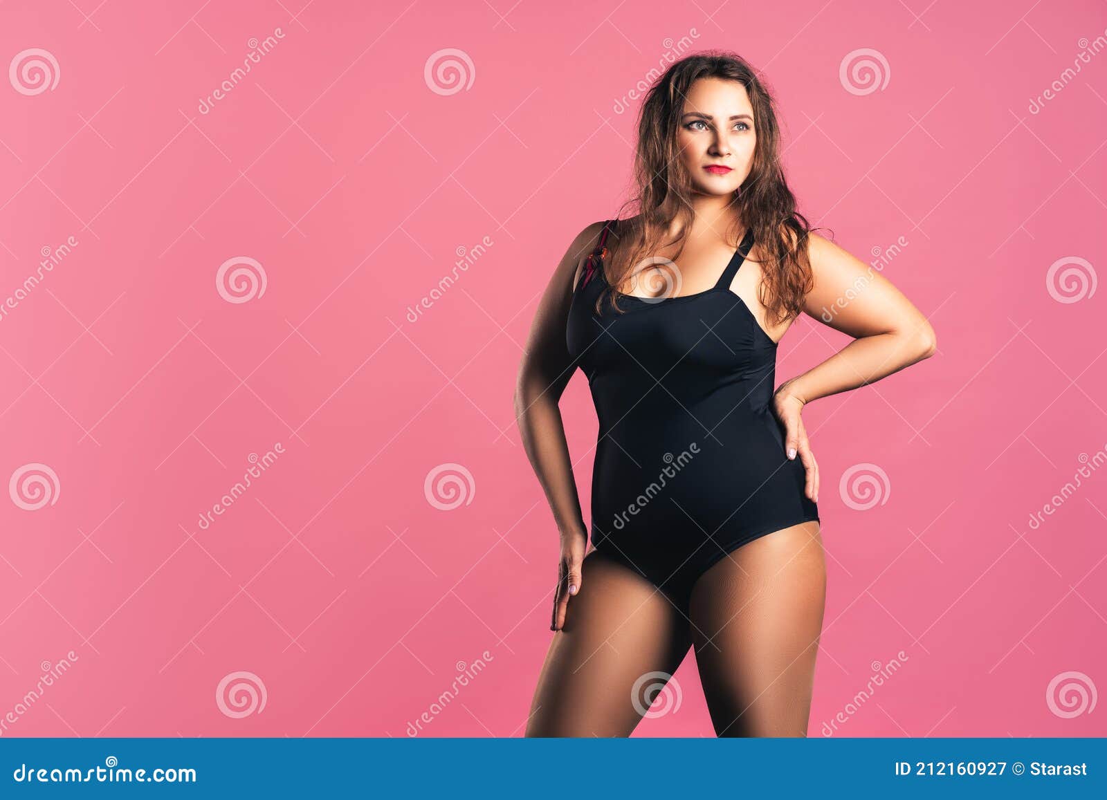 Plus Size Fashion Model in Black One-piece Swimsuit, Fat Woman in