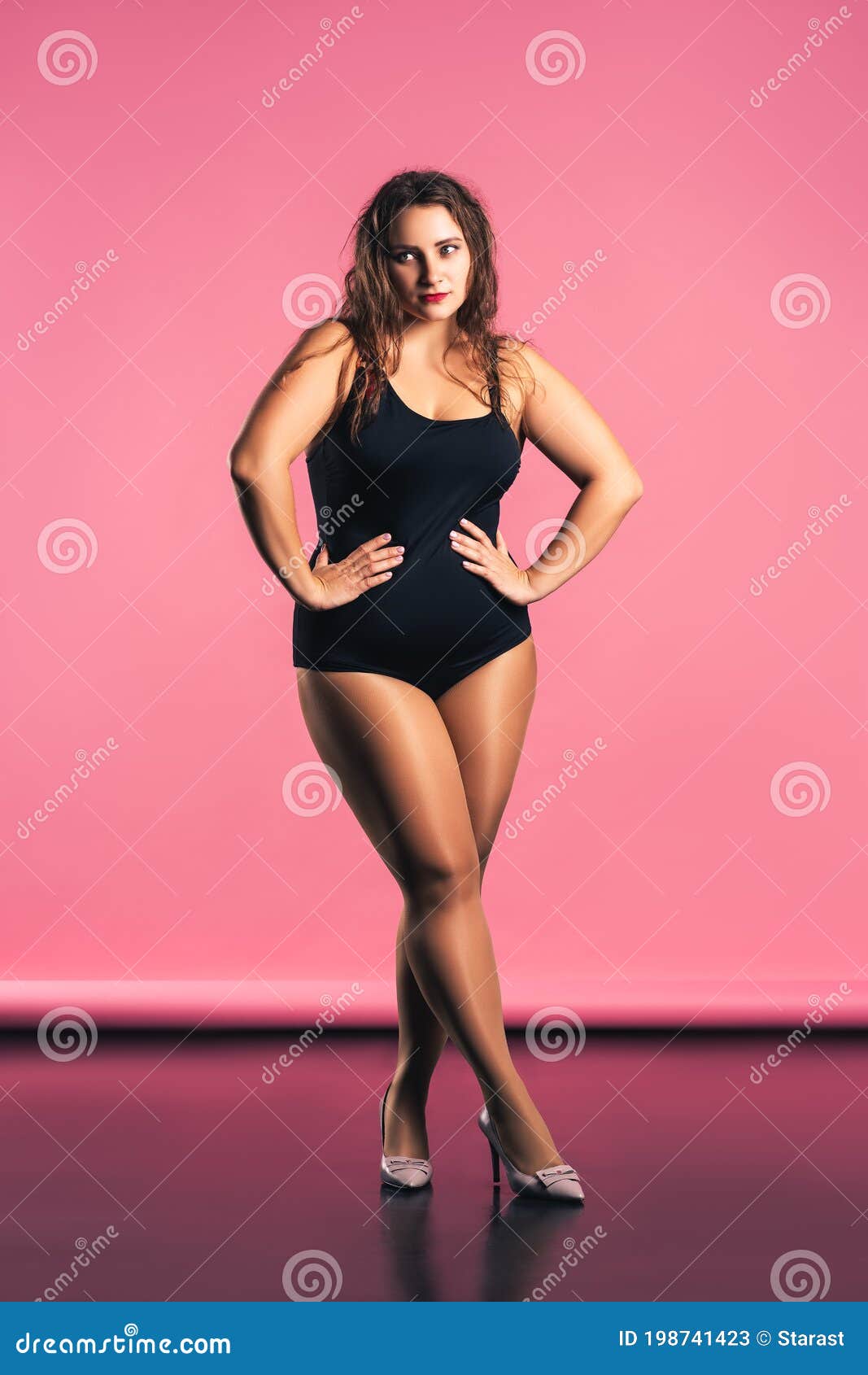 Plus Size Fashion Model in Black One-piece Swimsuit, Fat Woman in