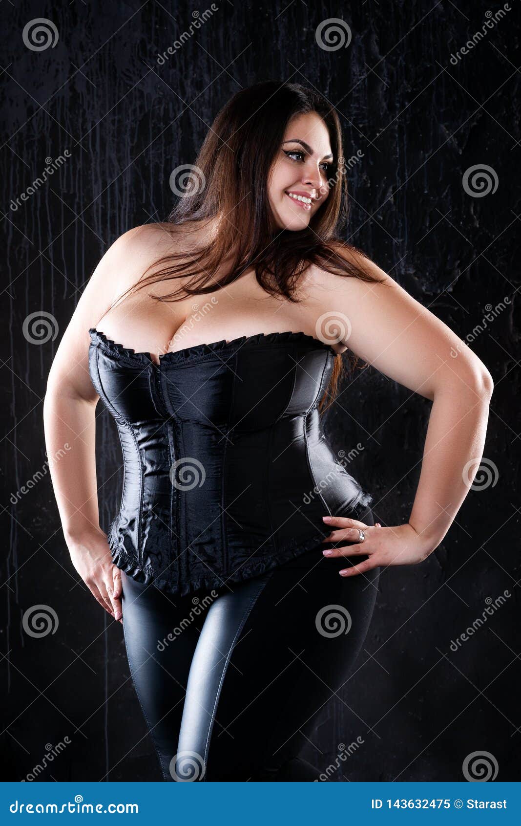 Plus Size Model in Black Corset, Fat Woman with Big Natural Breasts on Dark  Background, Body Positive Concept Stock Image - Image of curvy, latex:  143632475