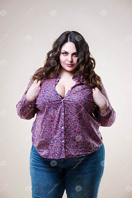 Plus Size Model in Casual Clothes, Fat Woman on Beige Background Stock ...