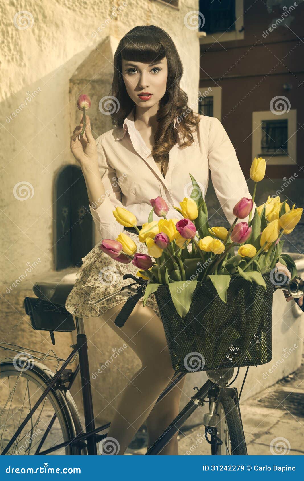 Retro Pin Up On Bike In Old Town With Tulips Royalty Free Stock Images Image 31242279