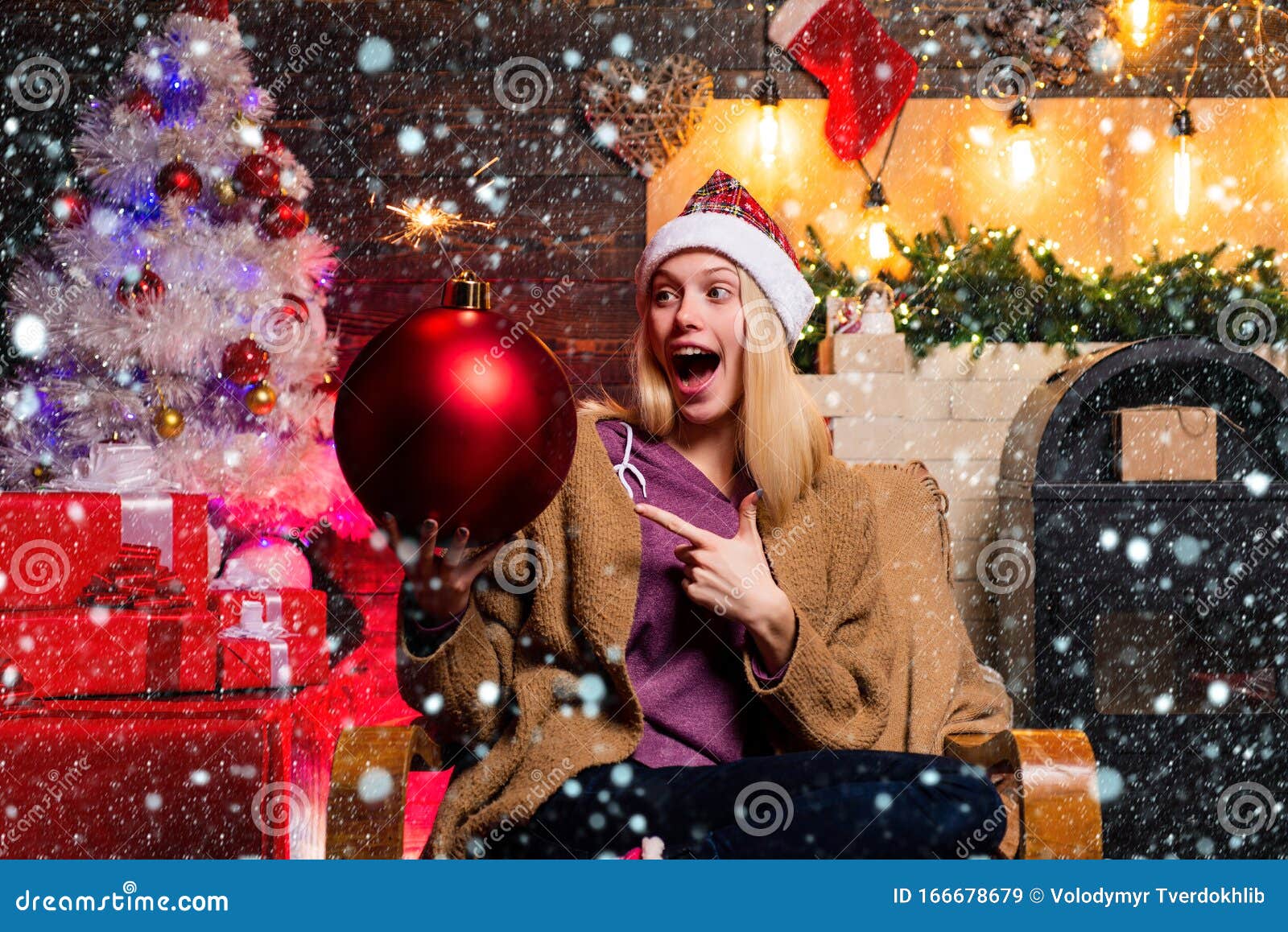 Girl in Snow. Santa Woman Posing on Vintage Christmas Background ...