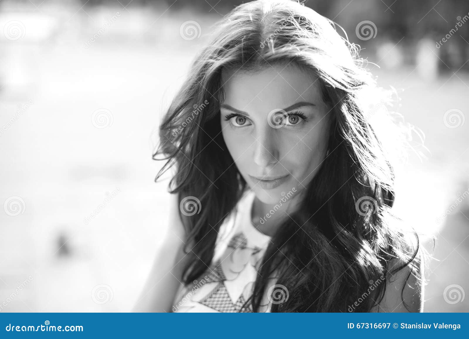 Sensual Woman Posing with Big Eyes and Full Lips at Evening Sunlight in ...