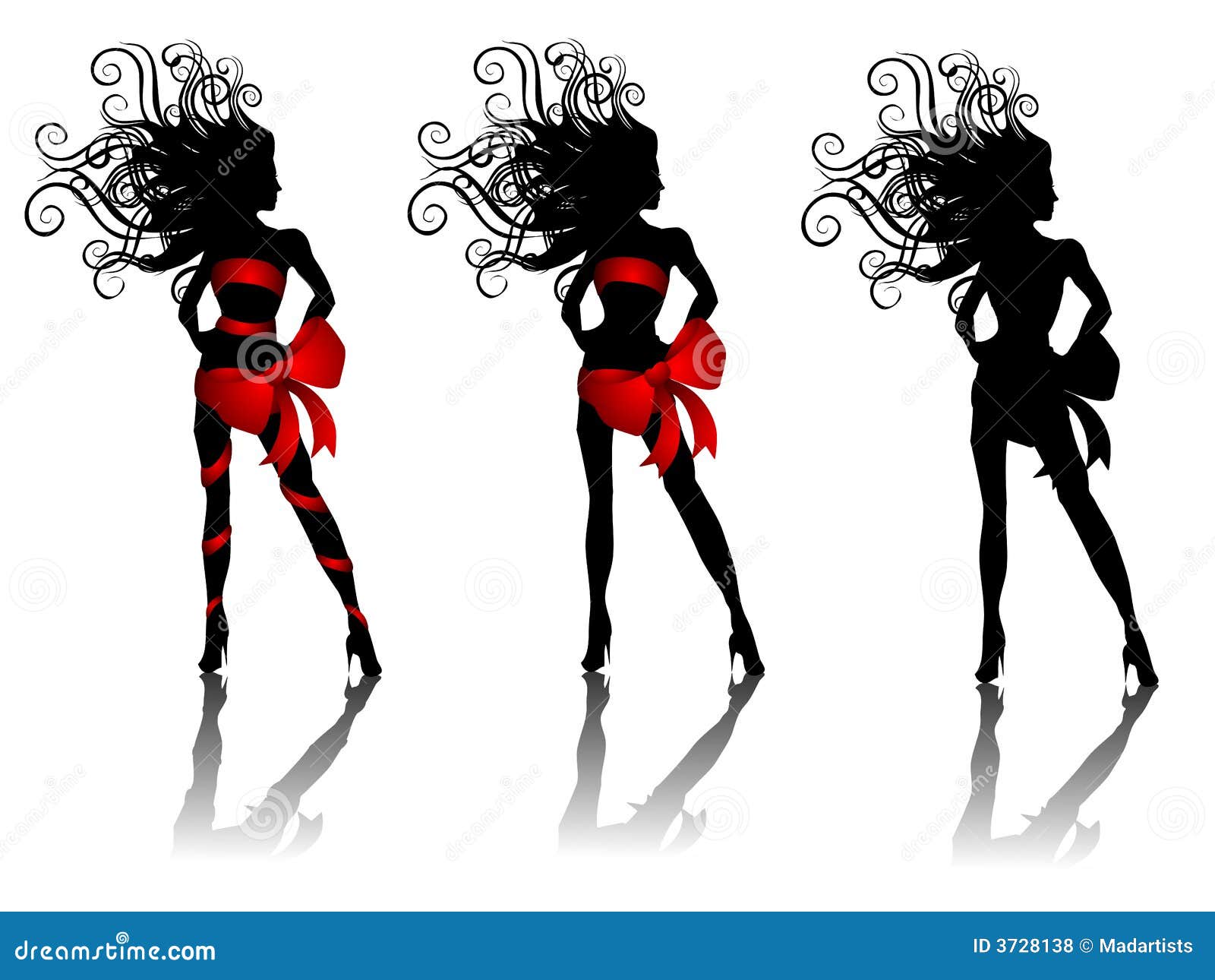 An abstract clip art illustration featuring 3 female silhouettes wrapped in red Christmas bows with shadows