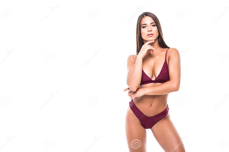 Tan Woman Perfect Figure In Bikini Isolated On White Background Stock