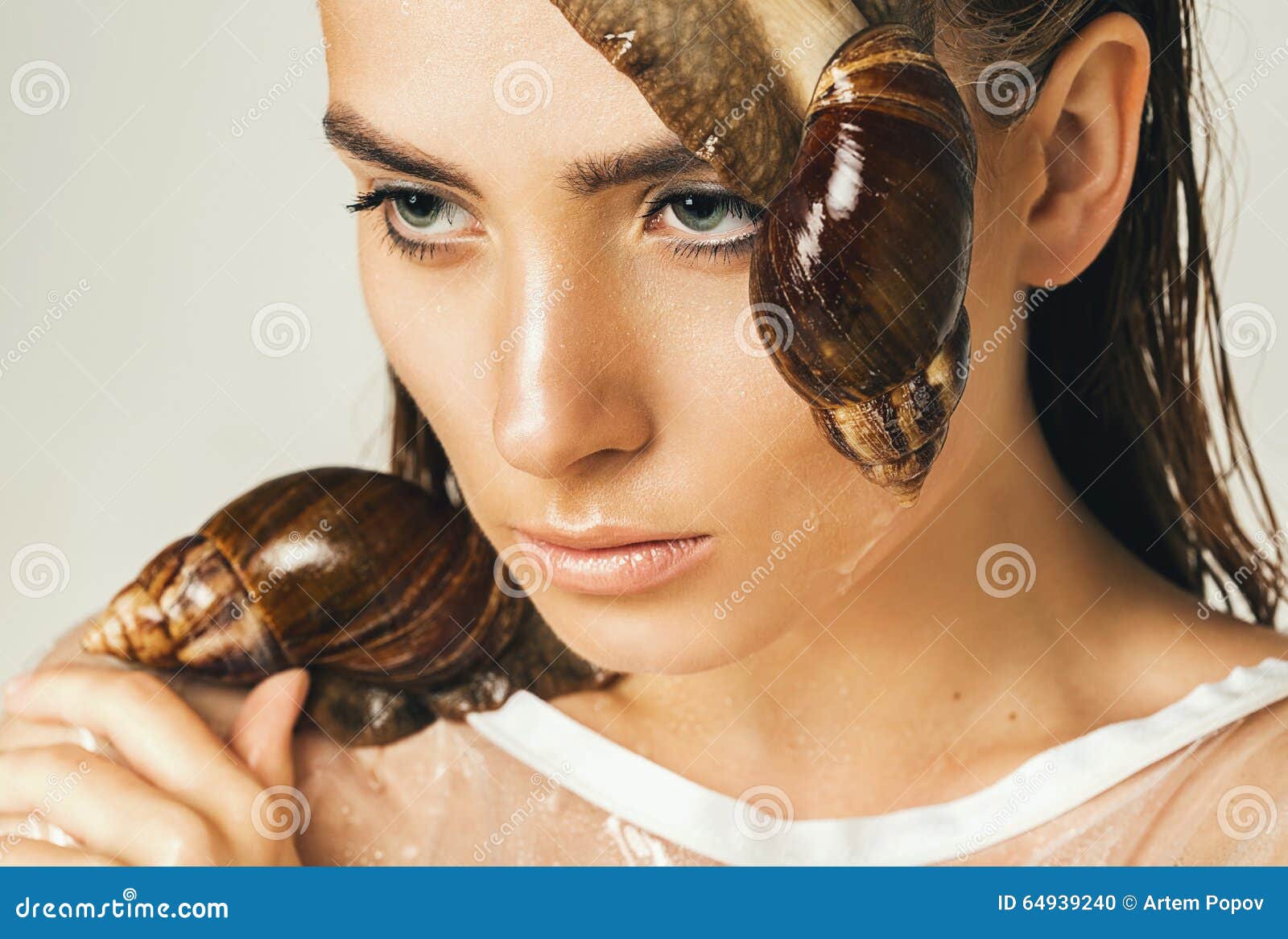 Wet Woman with Two Snails on Face Stock Photo Image of giant, adult