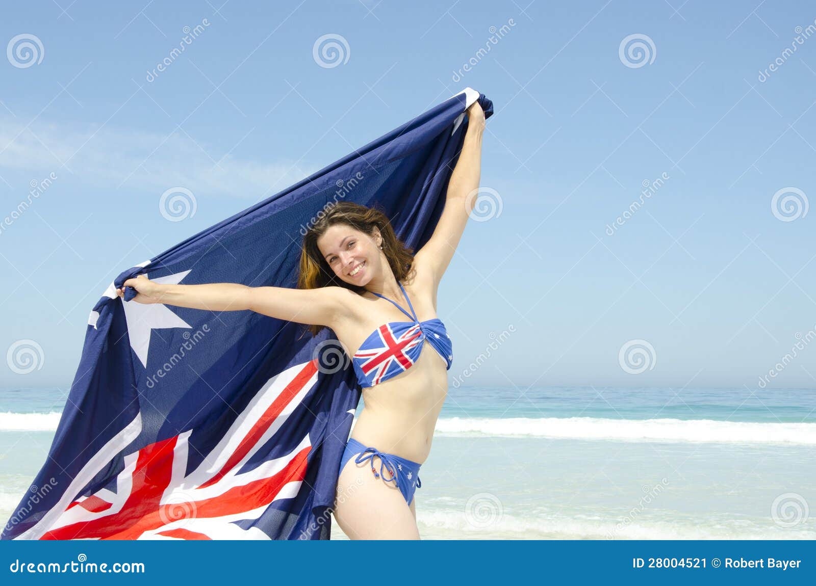 Assie Nude Beach Video Free - Woman Australian Flag at Beach Stock Image - Image of horizon, girl:  28004521