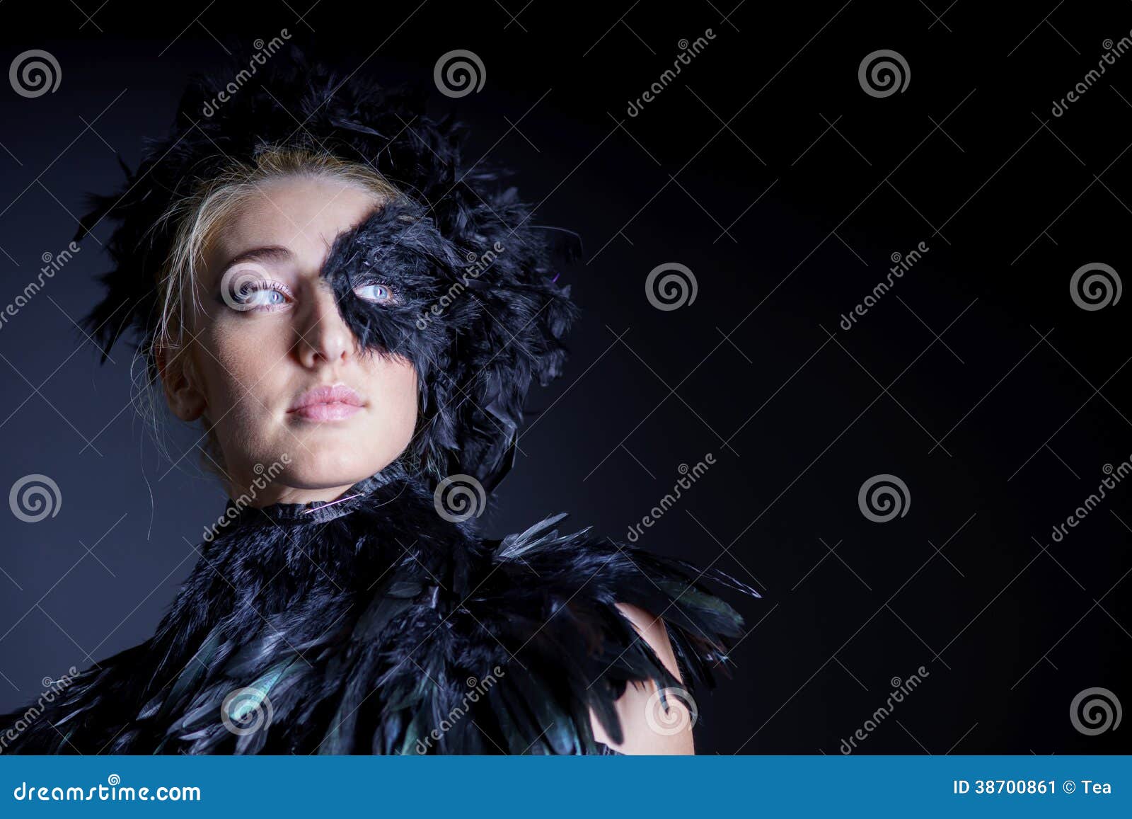 Woman with Black Feather Half Mask Stock Image Image of attractive