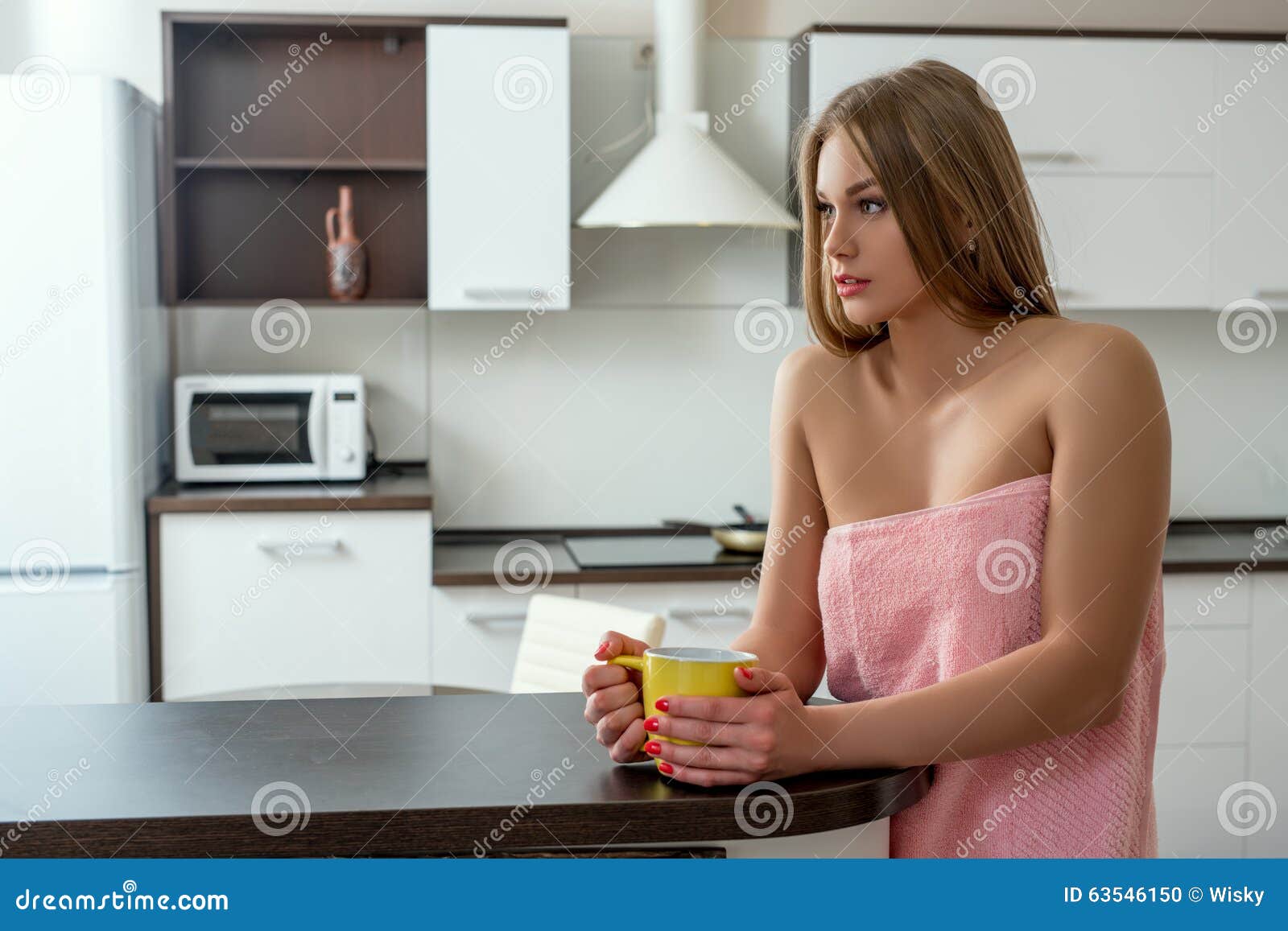Woman With Cup Posing In Kitchen After Shower Stock Photo Image Of