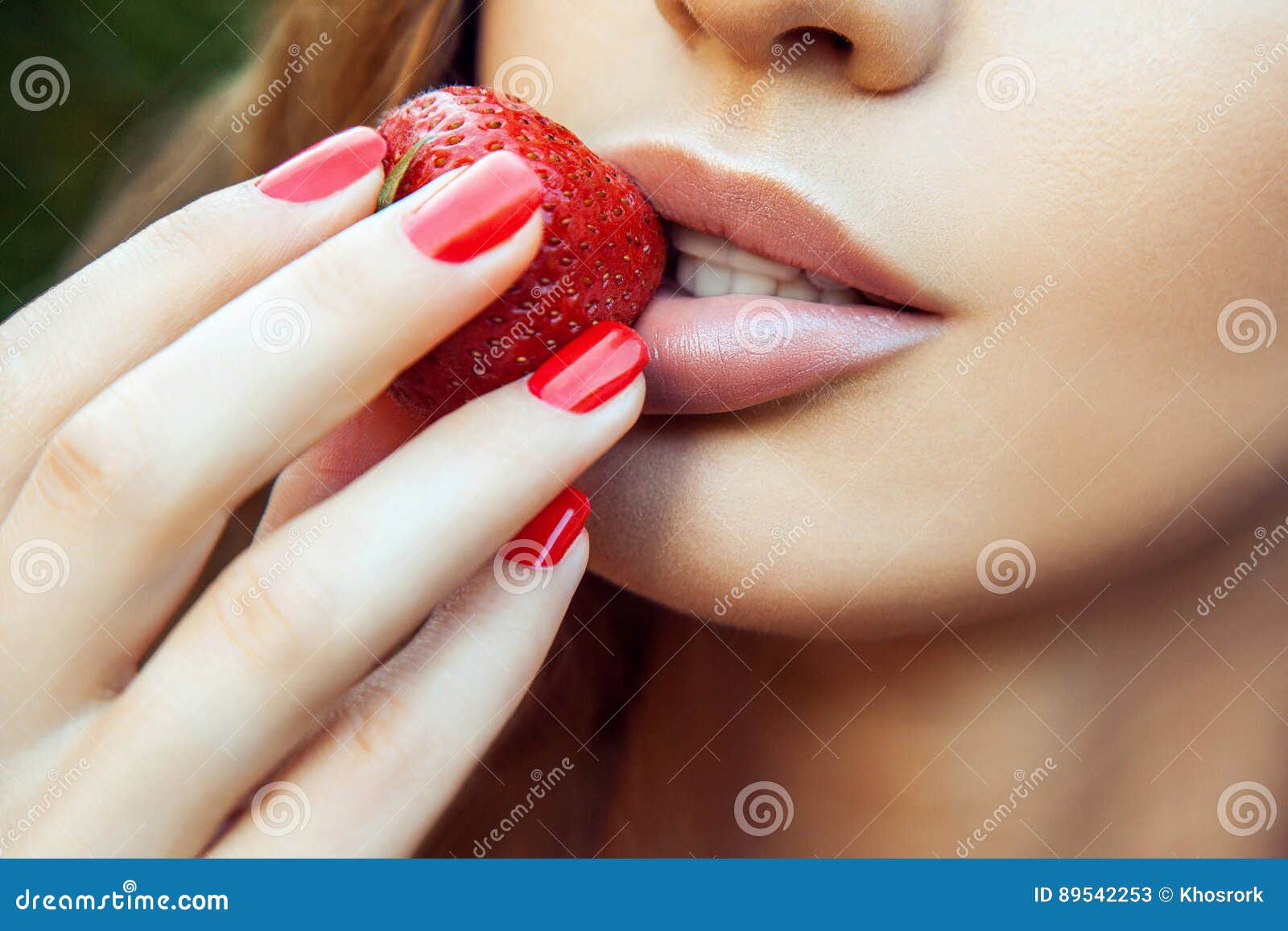 Woman Eating Strawberry Sensual Red Lips Red Manicure And Natural Lipstick Stock Image Image 