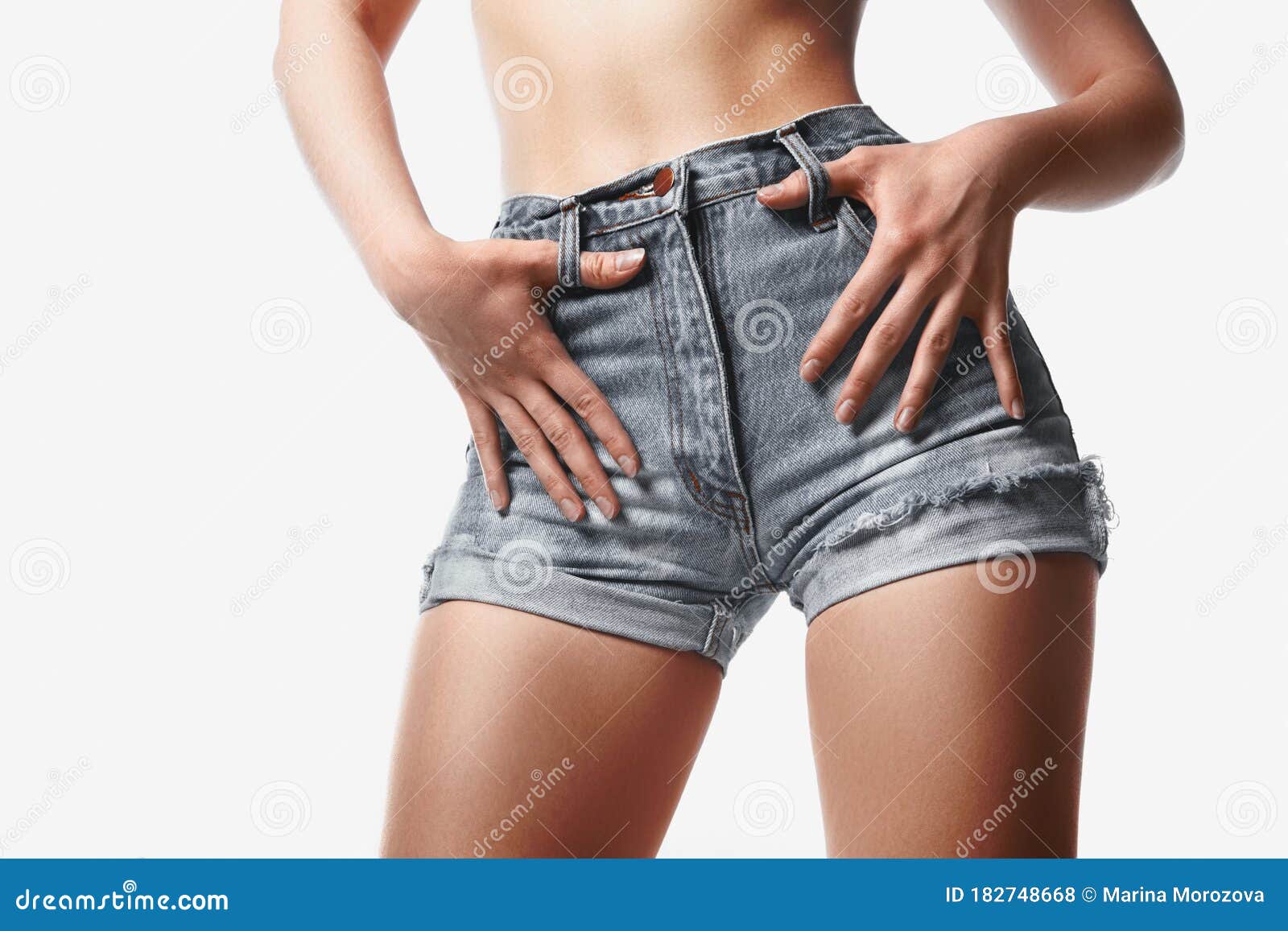 Woman in Fashion Grey Jeans Shorts on White Background. Perfect Hot Booty  and Erotic Curves Hips. Summer Style Stock Photo - Image of figure, desire:  182748668