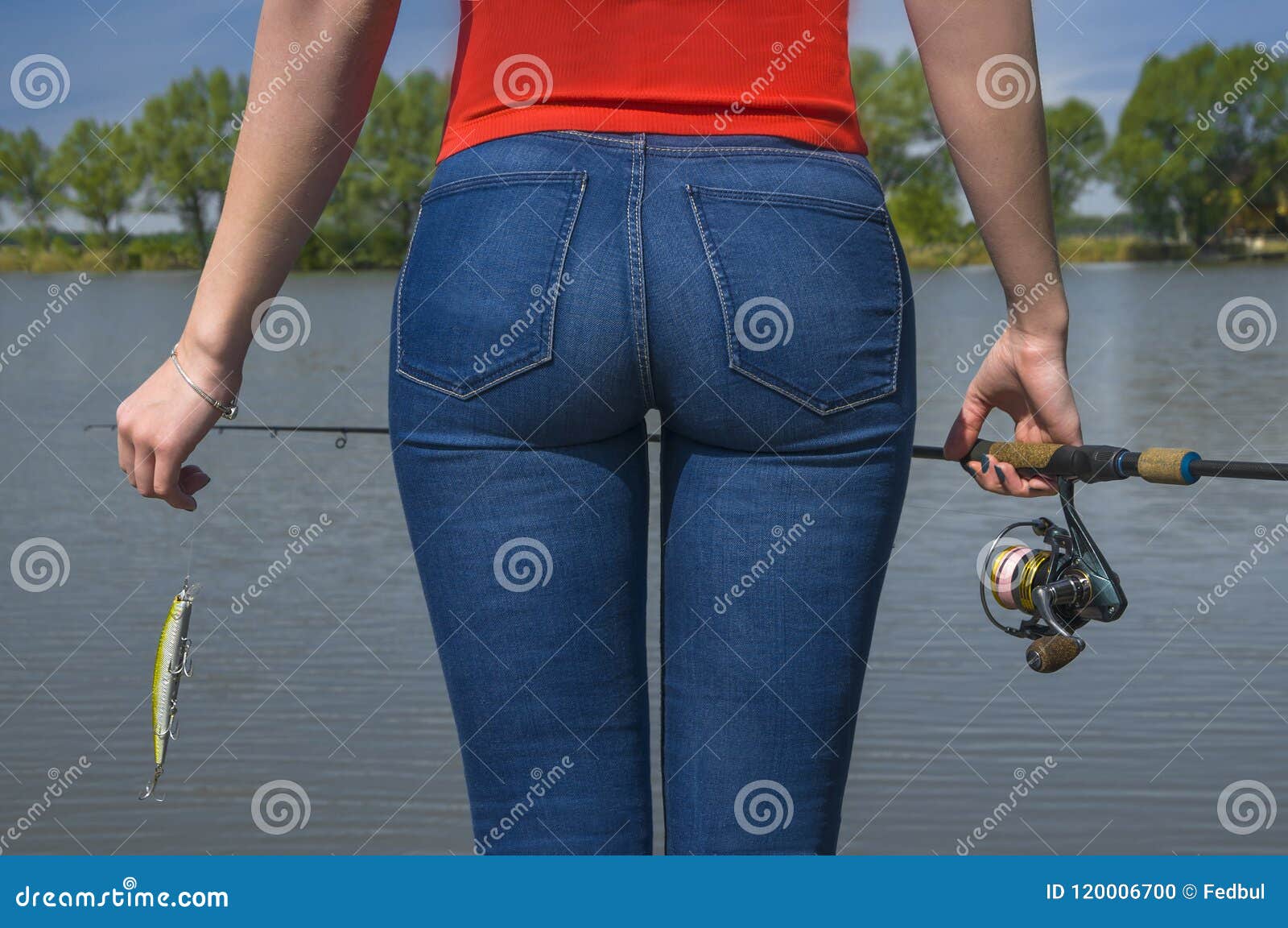 Woman at fishing at lake. stock photo. Image of person - 120006700