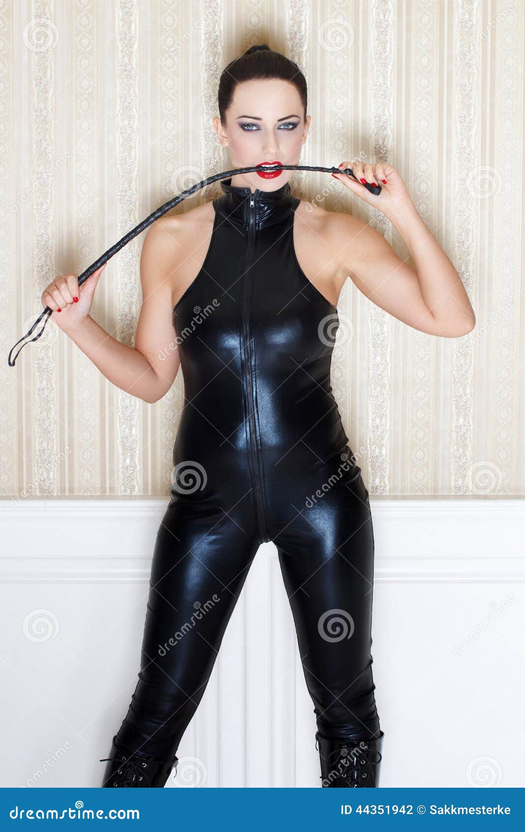 Beautiful Woman Latex Suit Whip On Stock Photo 1203413032