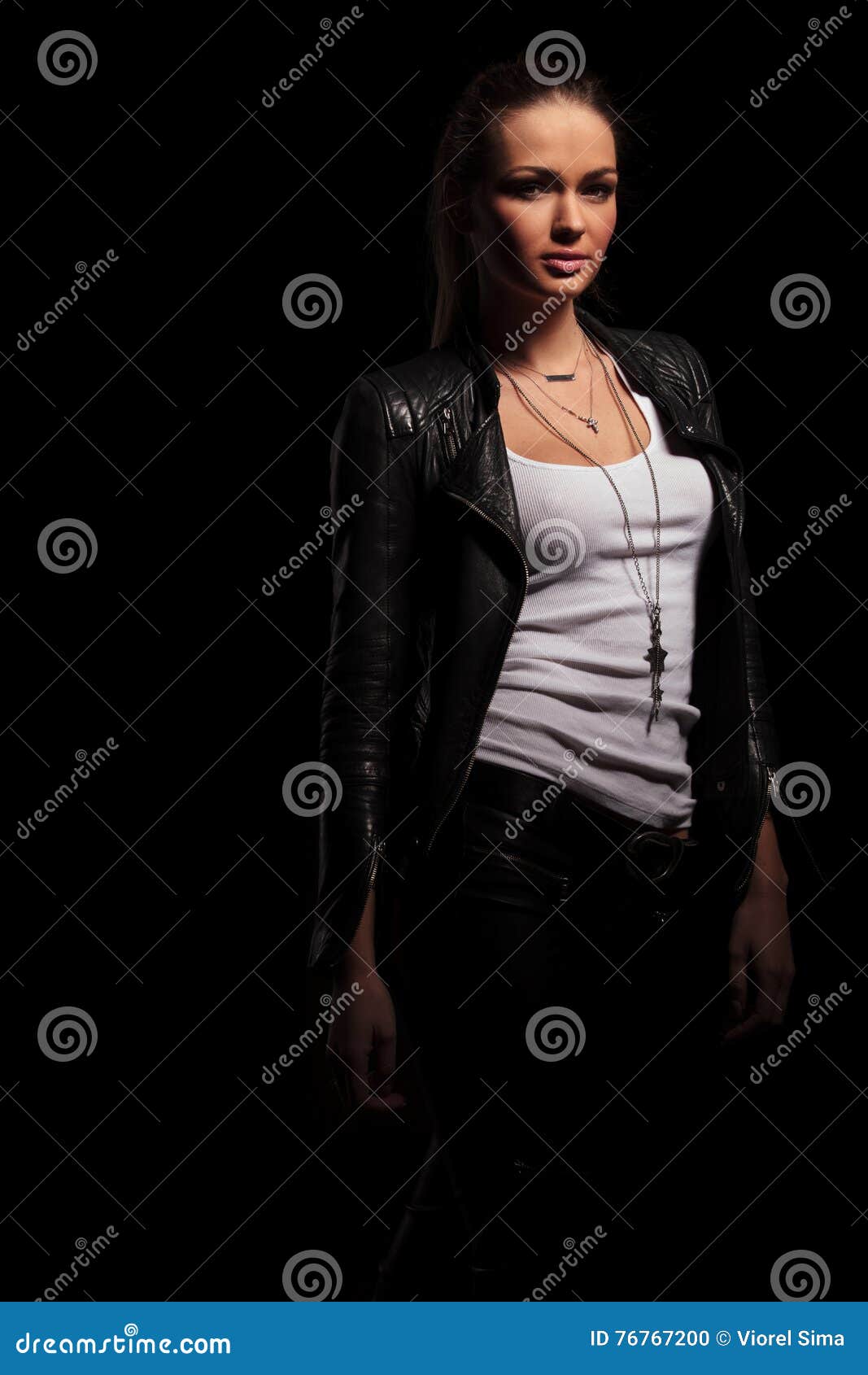 Woman in Leather Jacket and Undershirt Standing Stock Photo - Image of ...