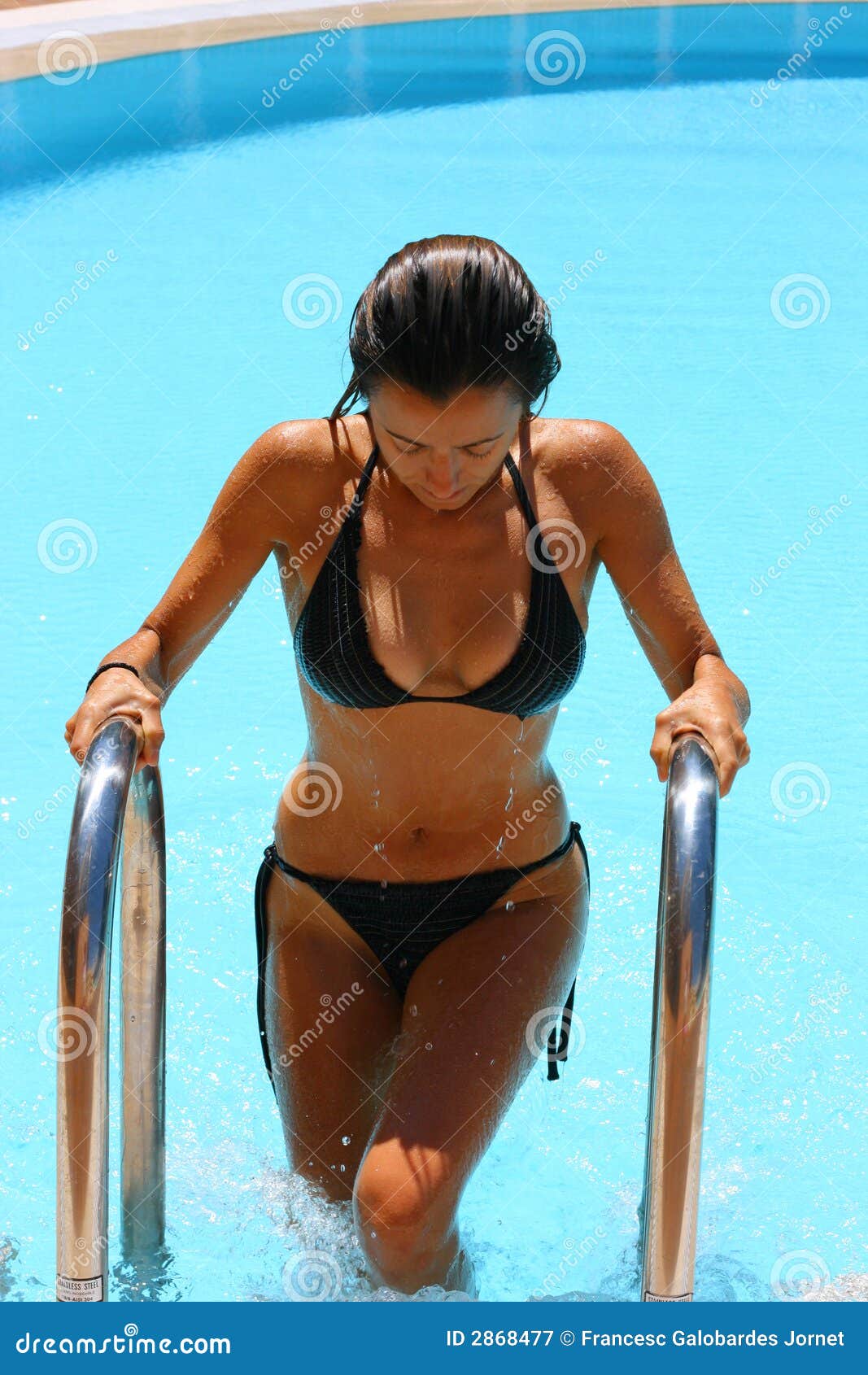 Woman in bikini climbing out from swimming pool Vector Image