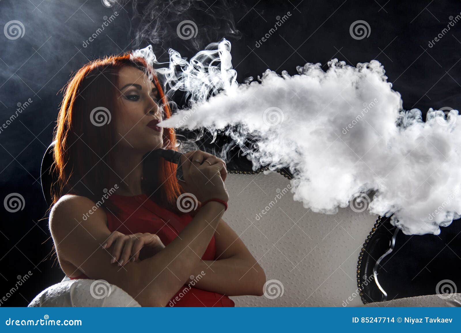 Woman Smoking Electronic Cigarette Vape Mod Concept S
