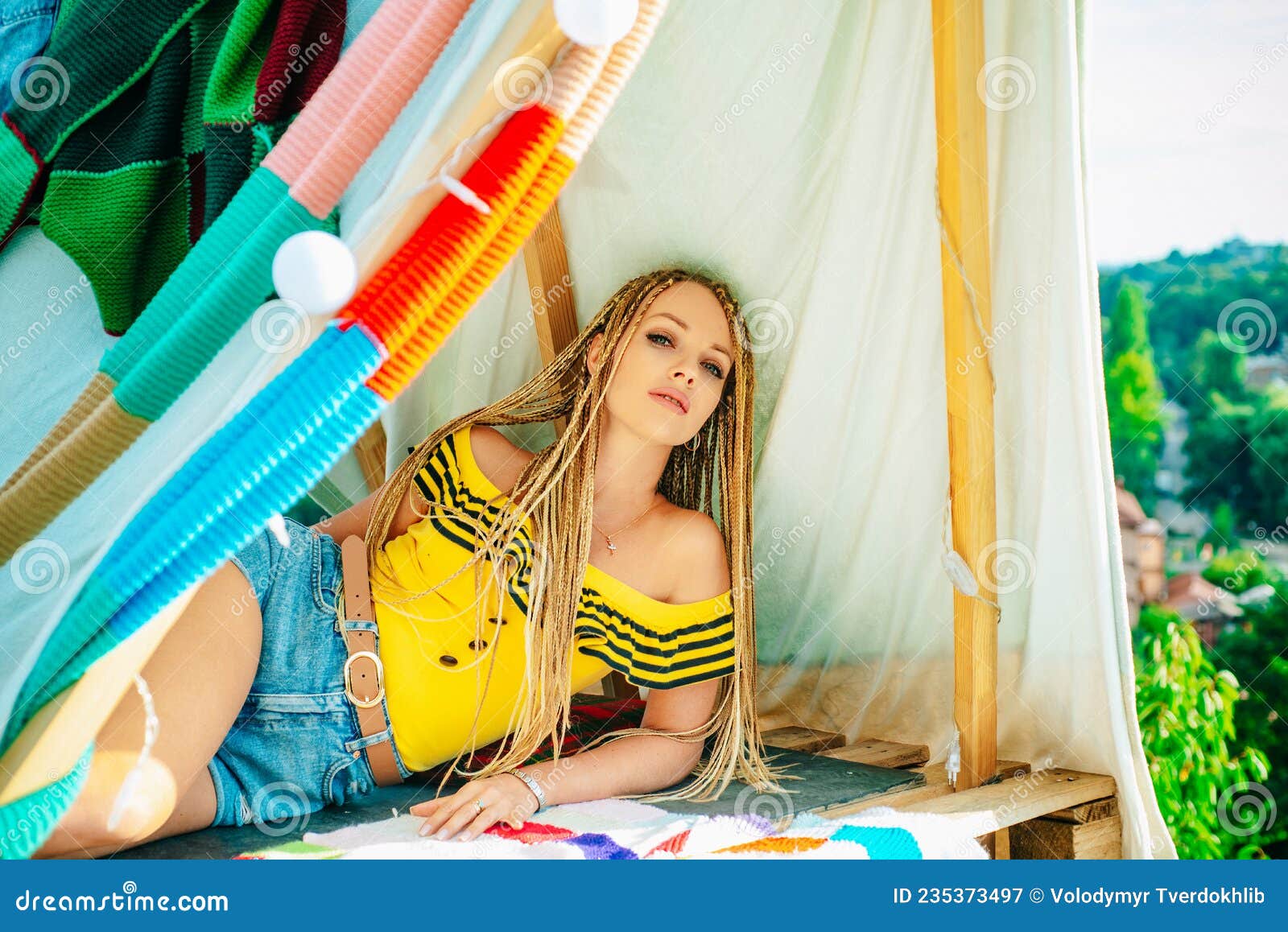 Woman in Tent. Spring Summer Fashion. Hippy Style. Woman with Dreadlocks.  Stock Image - Image of fashion, glasses: 235373497