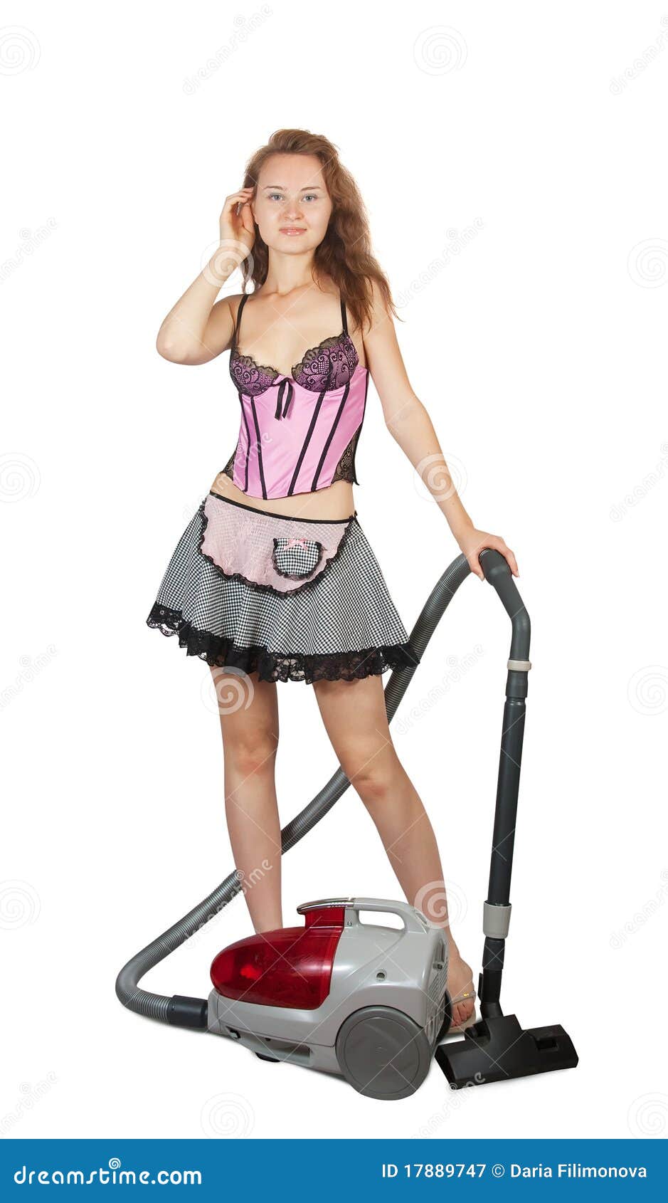 woman with vacuum cleaner. Girl with vacuum cleaner over white background