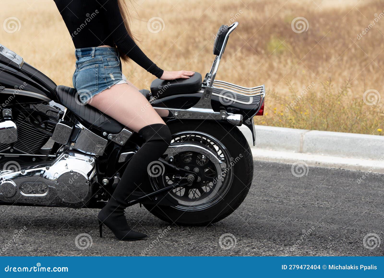 Woman Wearing High Black Heels Riding a Street Motorbike Outdoors ...