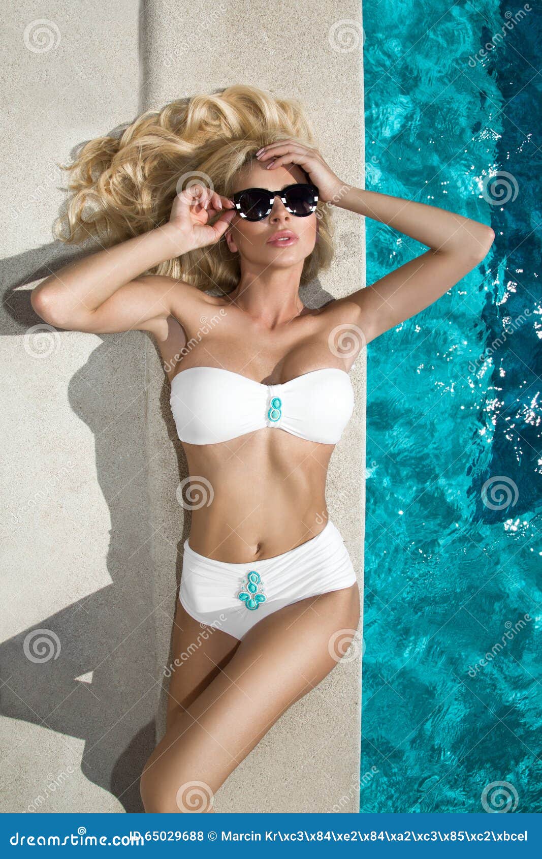 sexy woman young girl model sunglasses elegant white black sexy swimsuit beautiful blond hair crystals around 65029688