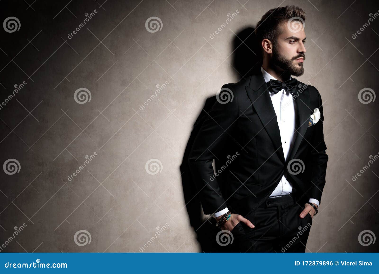 sexy young elegant guy in tuxedo posing